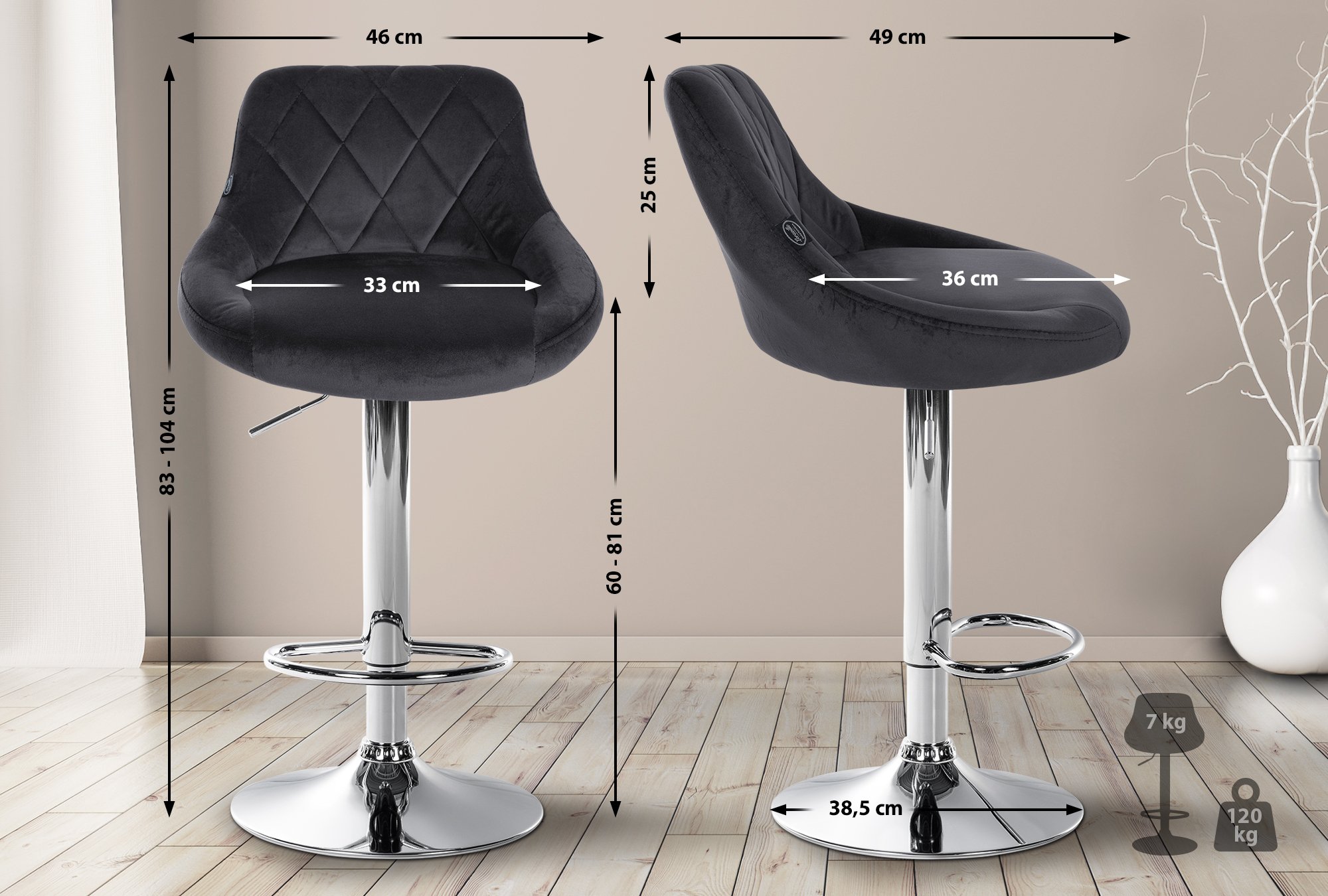 Barhocker Lazio Samt chrom, dunkelgrau
