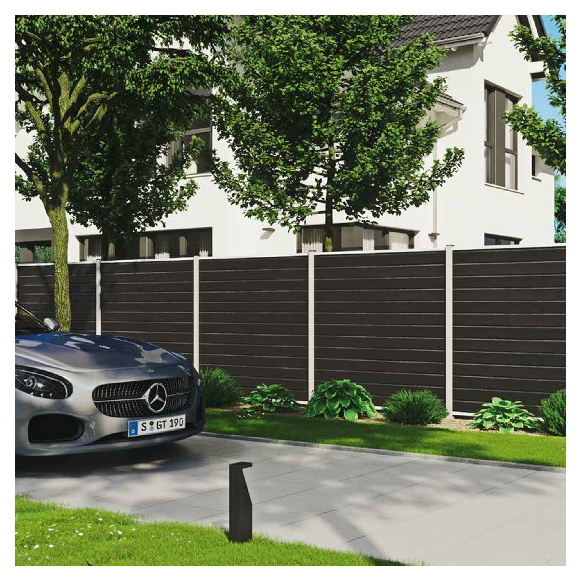 WOLLBACH-Serie, WPC-Steckzaun-Set, ca. 175 x 180 cm, ANTHRAZIT, inkl. Start & Abschluss silber
