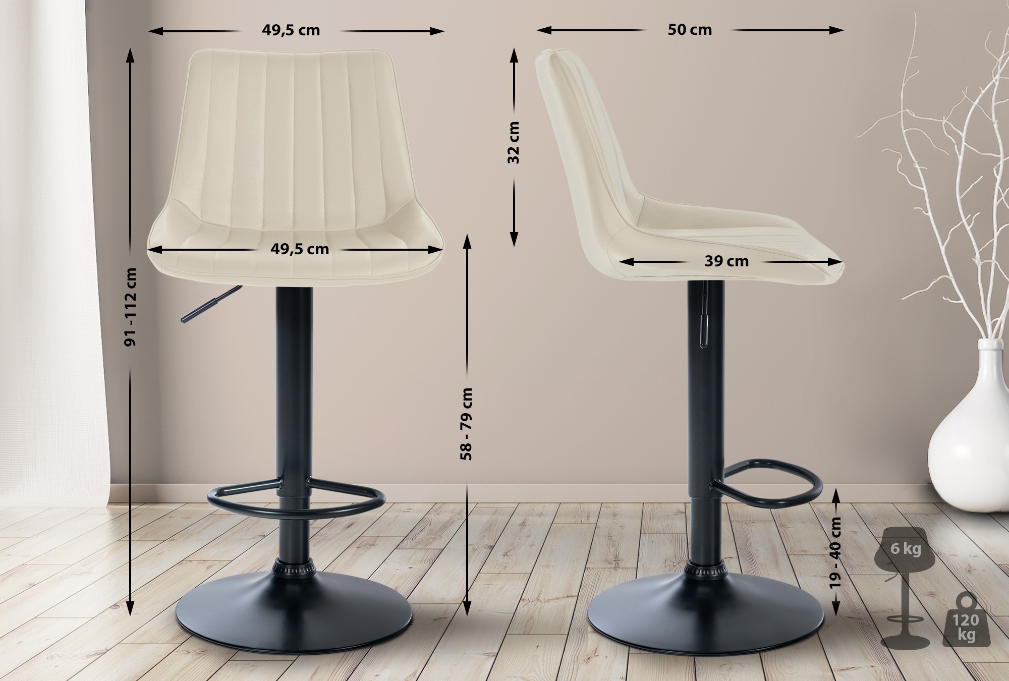 2er Set Barhocker Toni Kunstleder schwarz, creme