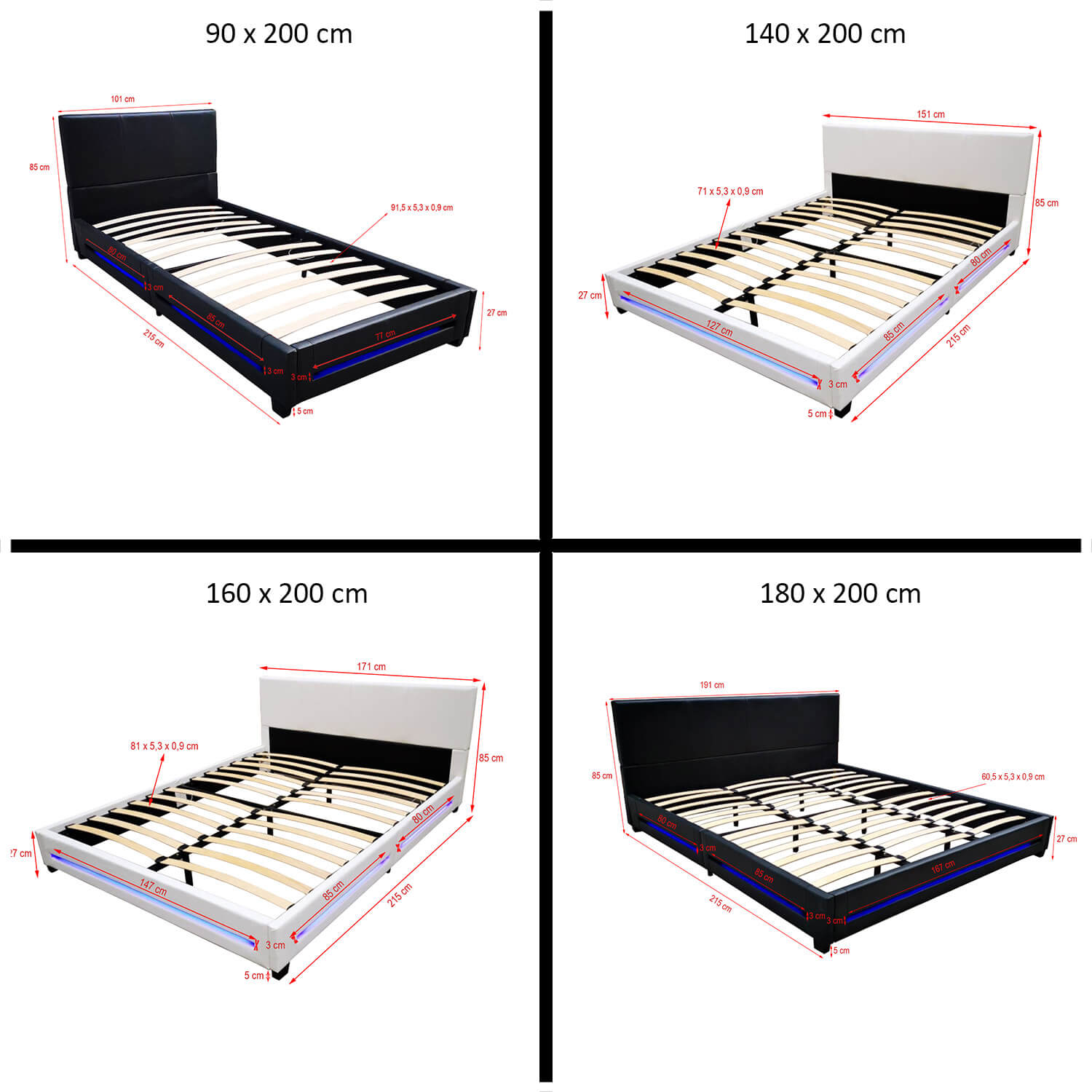 LED Bett ASTEROID mit Matratze - 180 x 200 cm Weiß