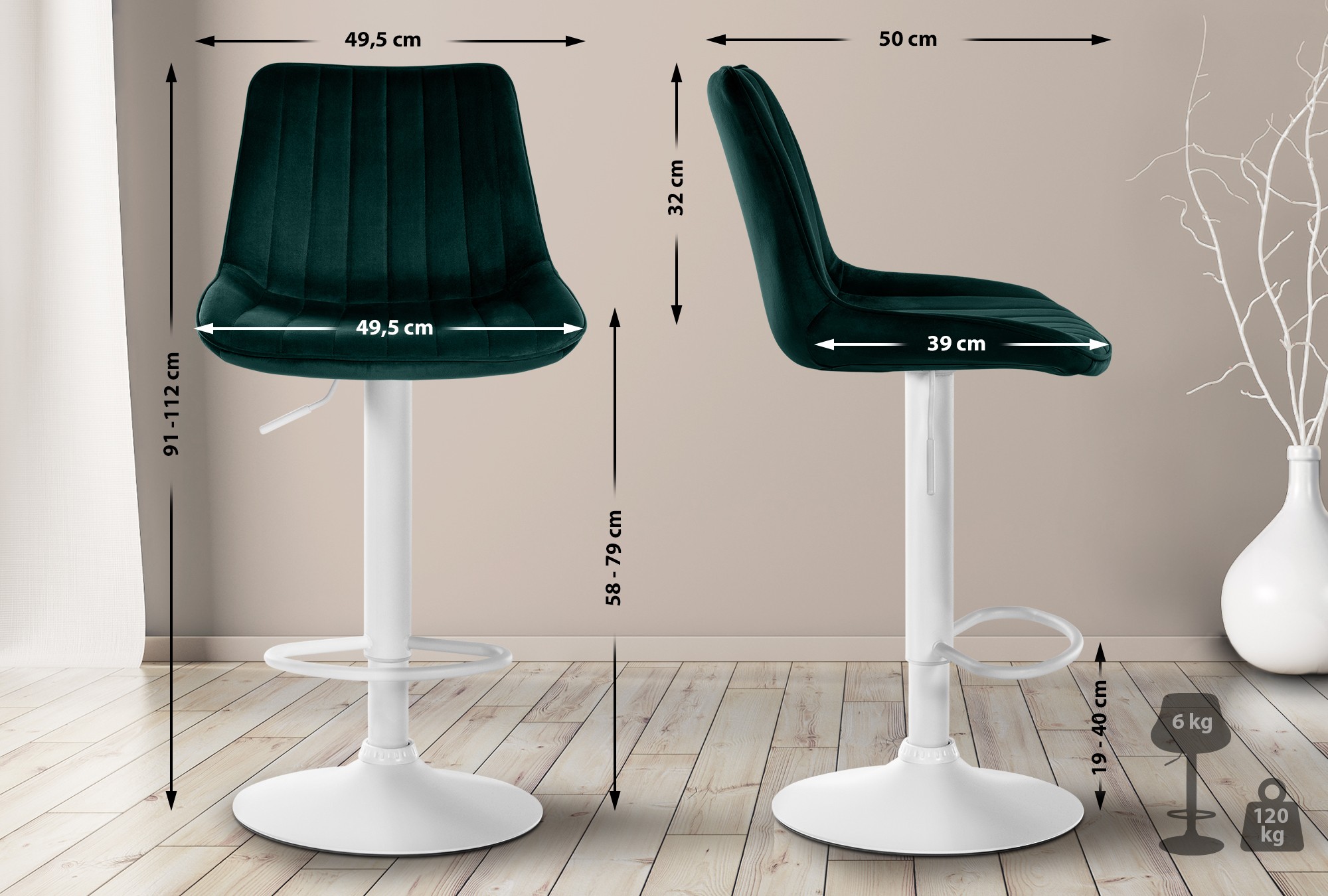 2er Set Barhocker Toni Samt weiß, grün