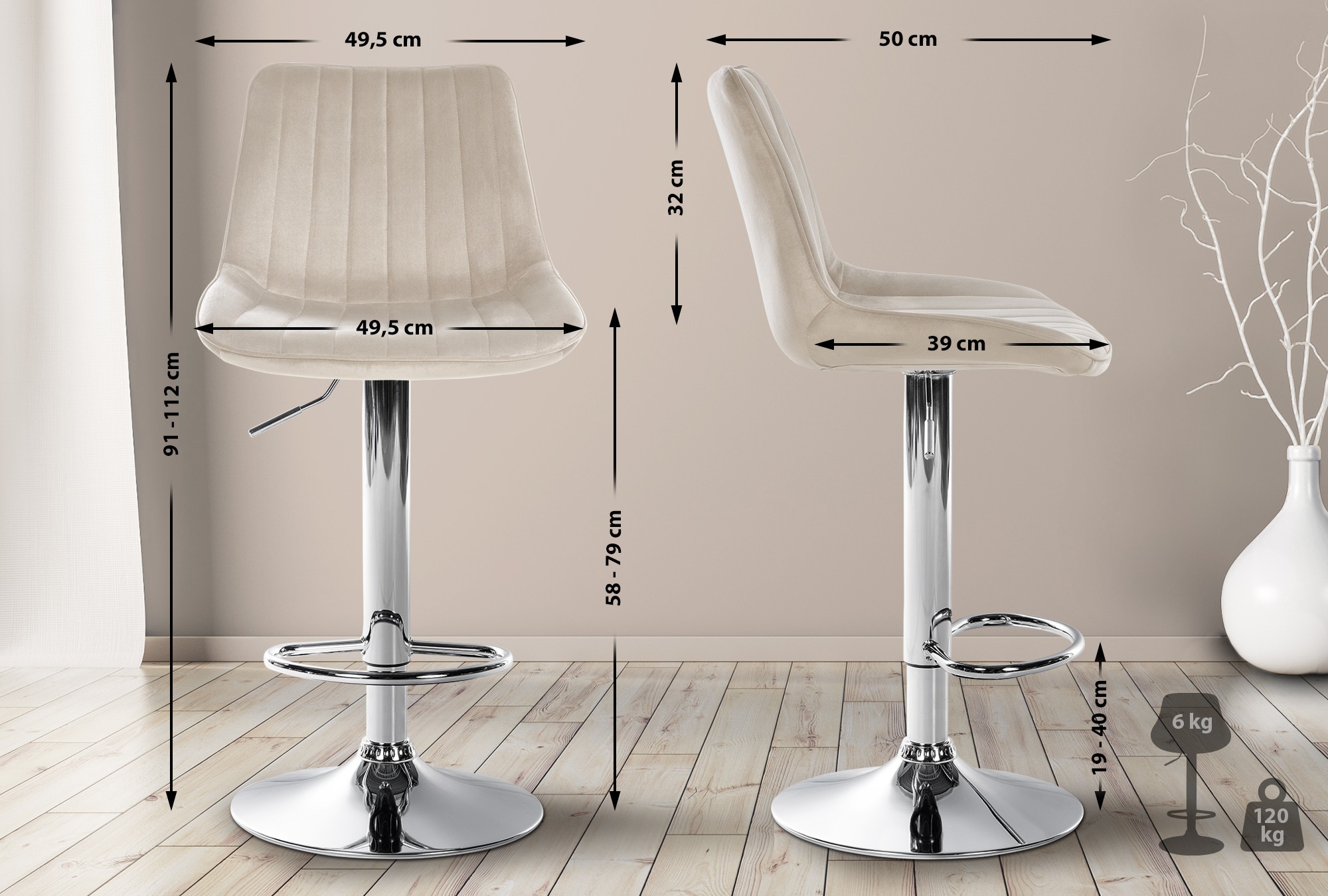 2er Set Barhocker Toni Samt chrom, creme