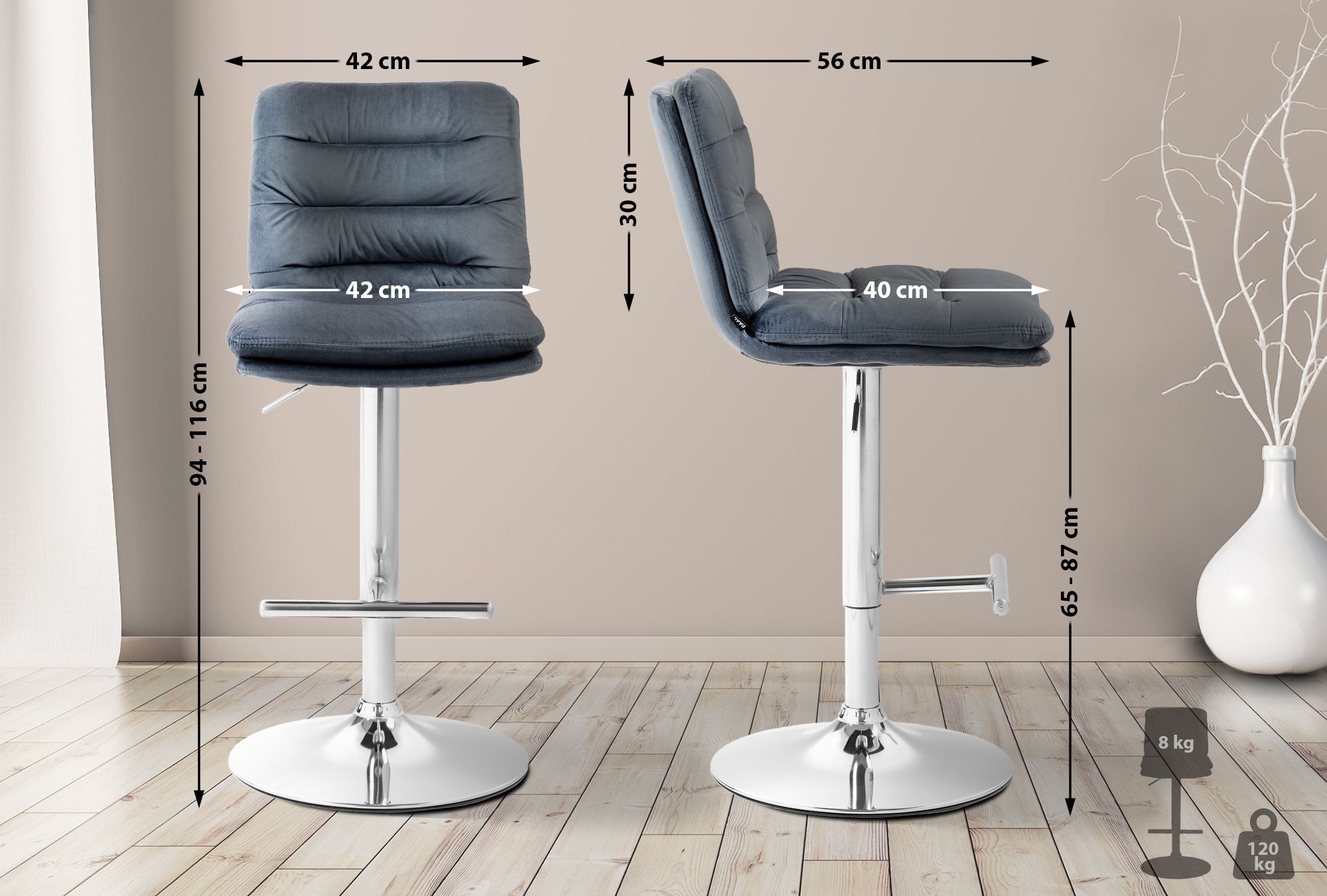 Barhocker Damar Samt chrom, dunkelgrau