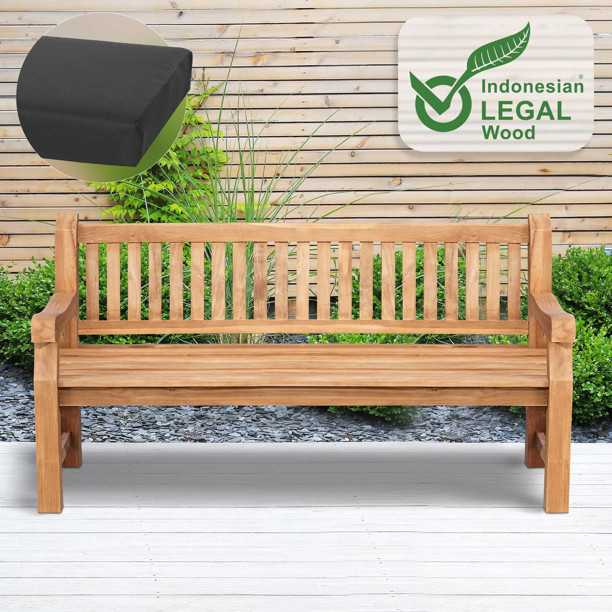 Teakbank Daxon mit Sitzkissen 180 cm, dunkelgrau