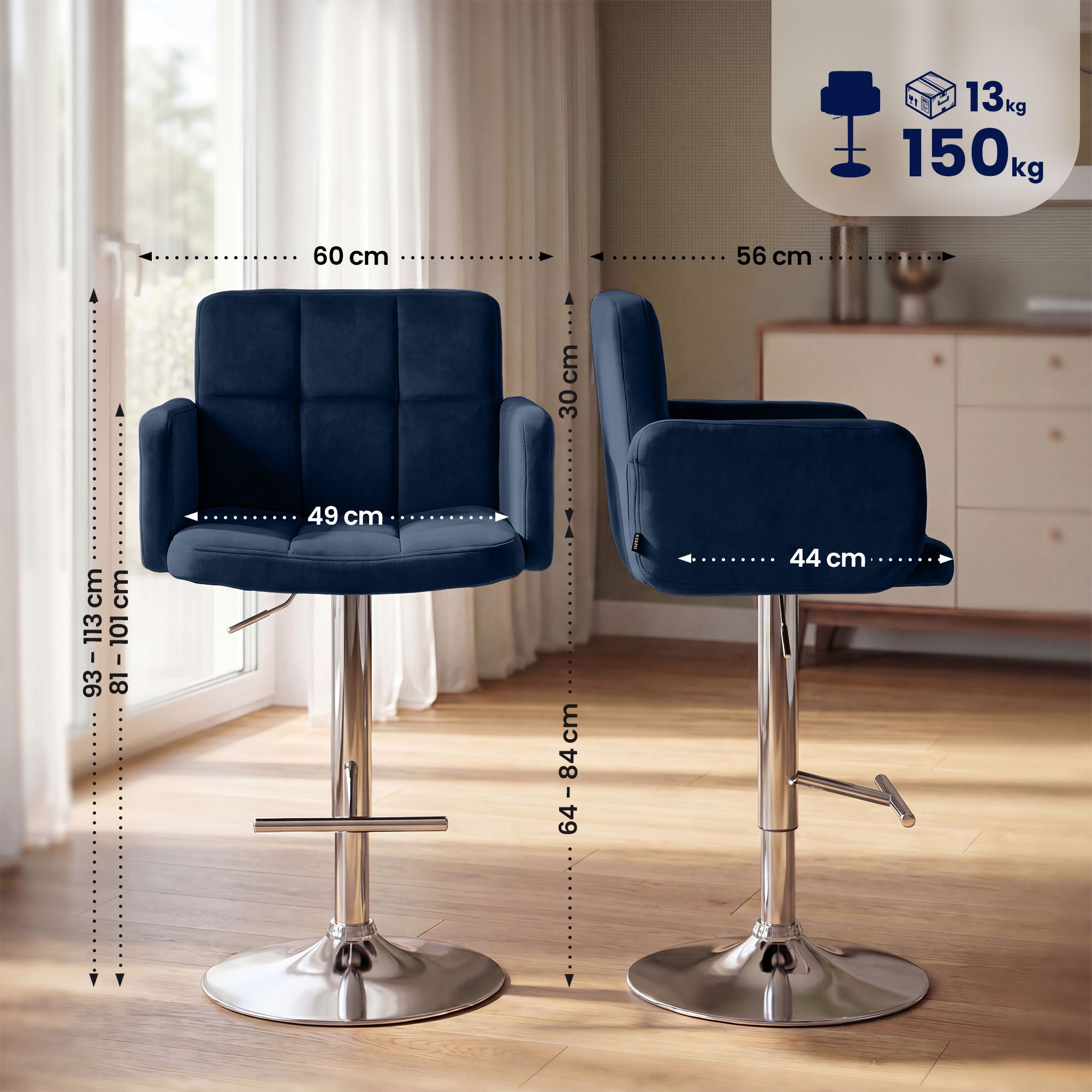 2er Set Barhocker Los Angeles Samt chrom, blau