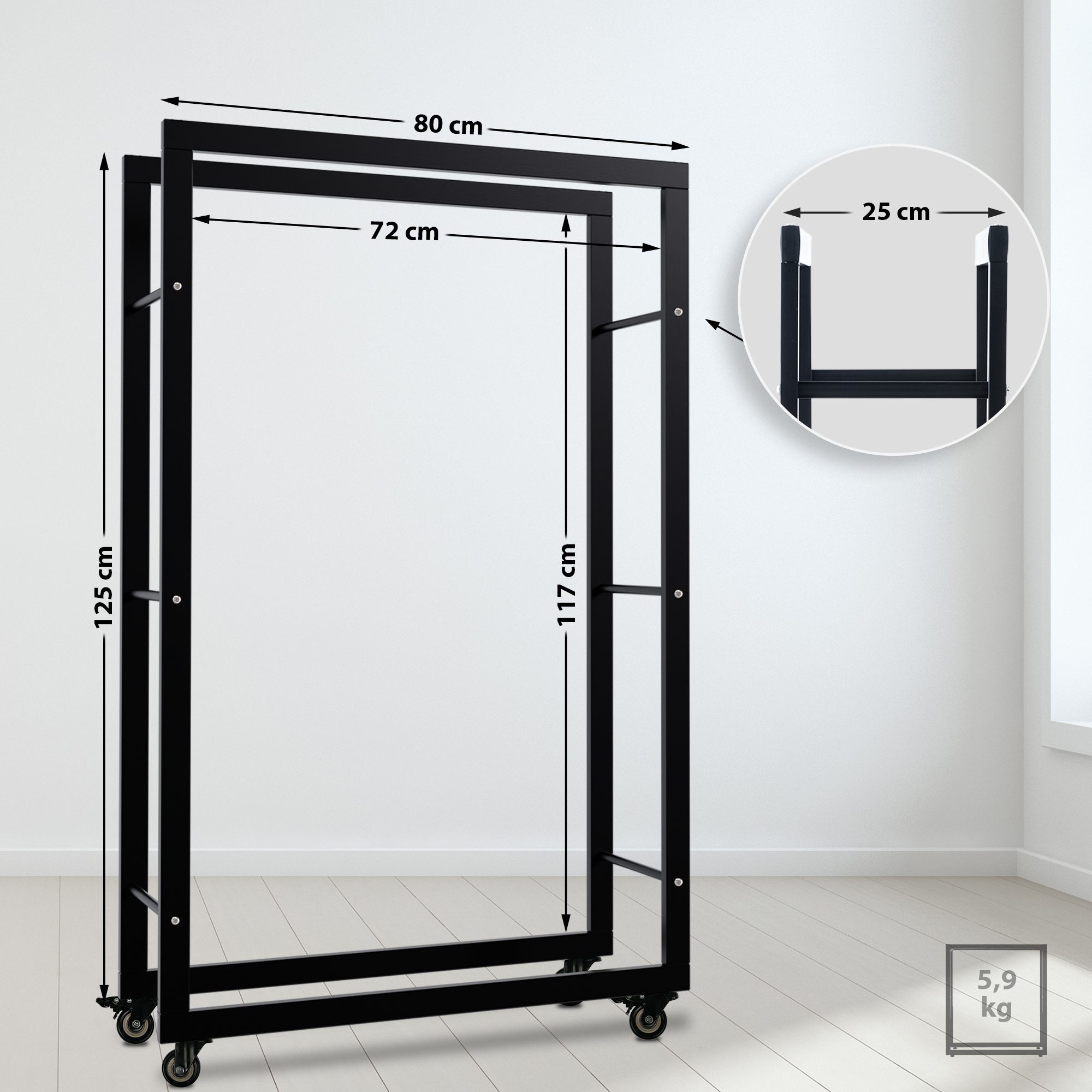 Kaminholzständer Keri mit Rollen 25x80x125, schwarz