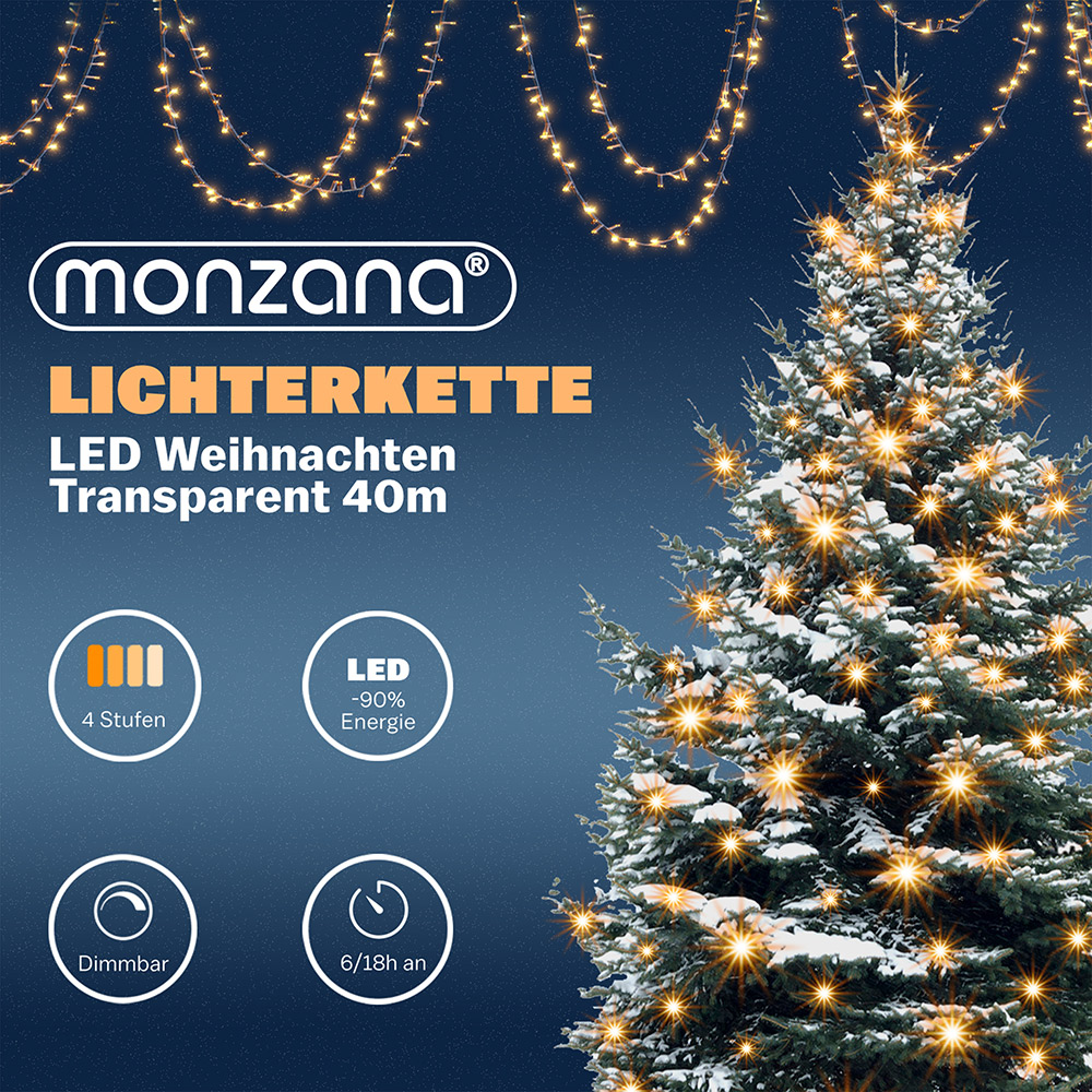 Lichterkette Weihnachten Warmweiß 40m transparent Fernbedienung