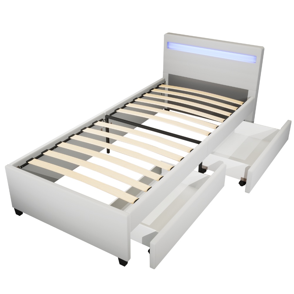 LED Bett mit Schubladen NUBE - 90 x 200 cm Weiß