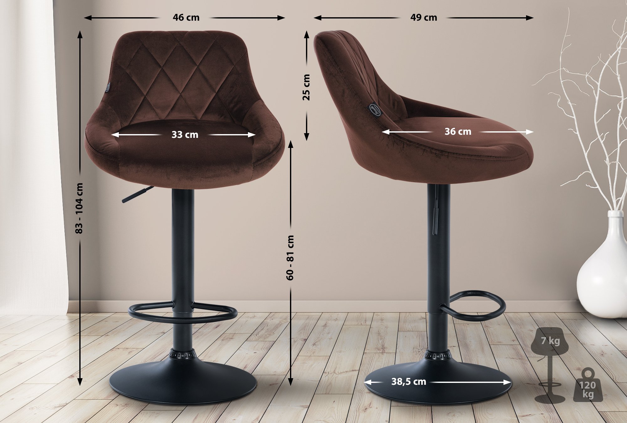 2er Set Barhocker Lazio Samt schwarz, braun
