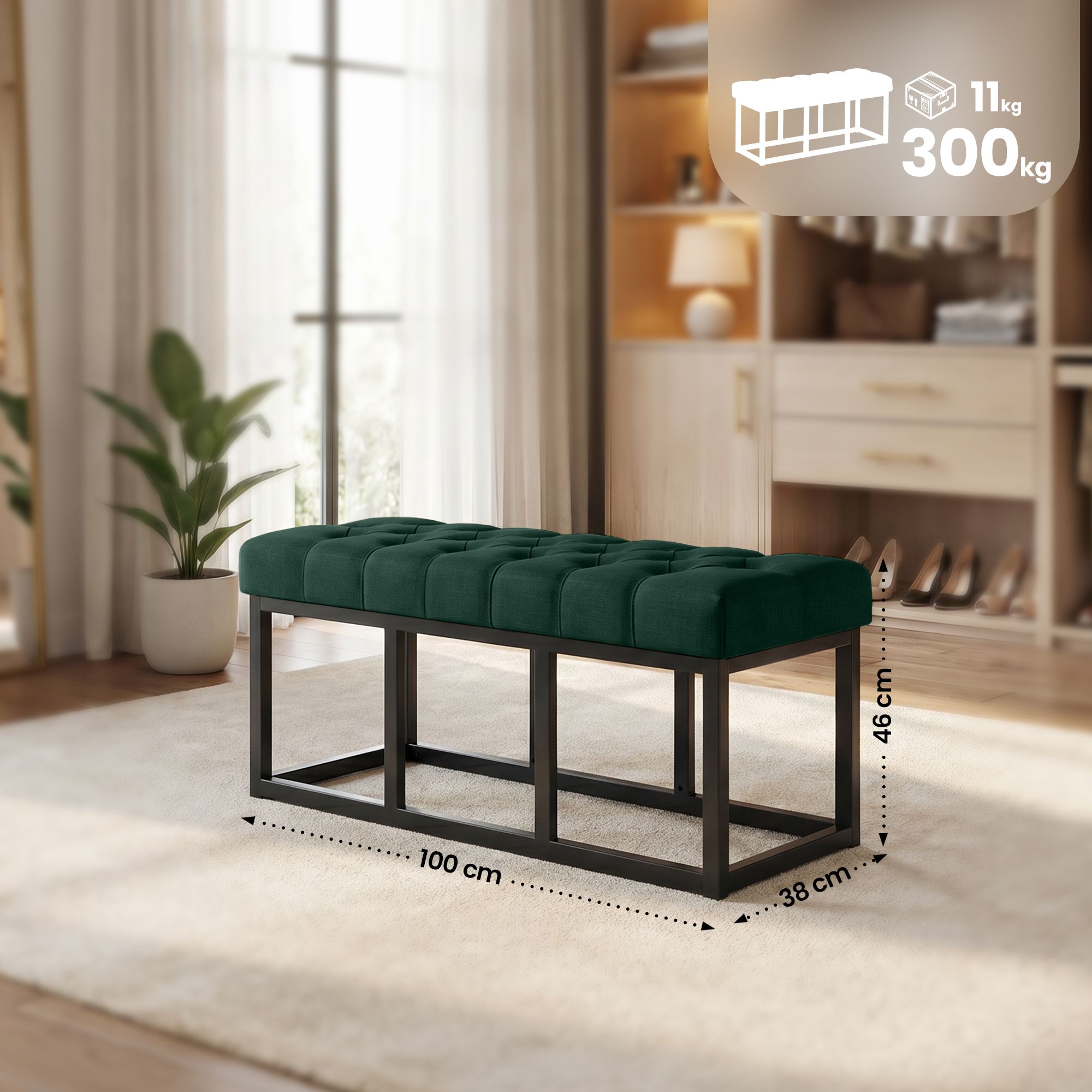 Sitzbank Amun Stoff Schwarz 100 cm, grün