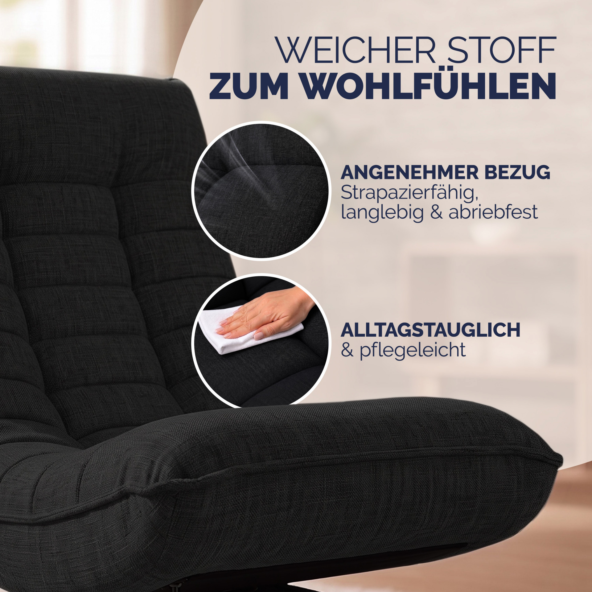 Sessel Aberdeen Schwarz Stoff 5fach verstellbar 360 Grad drehbar klappbar