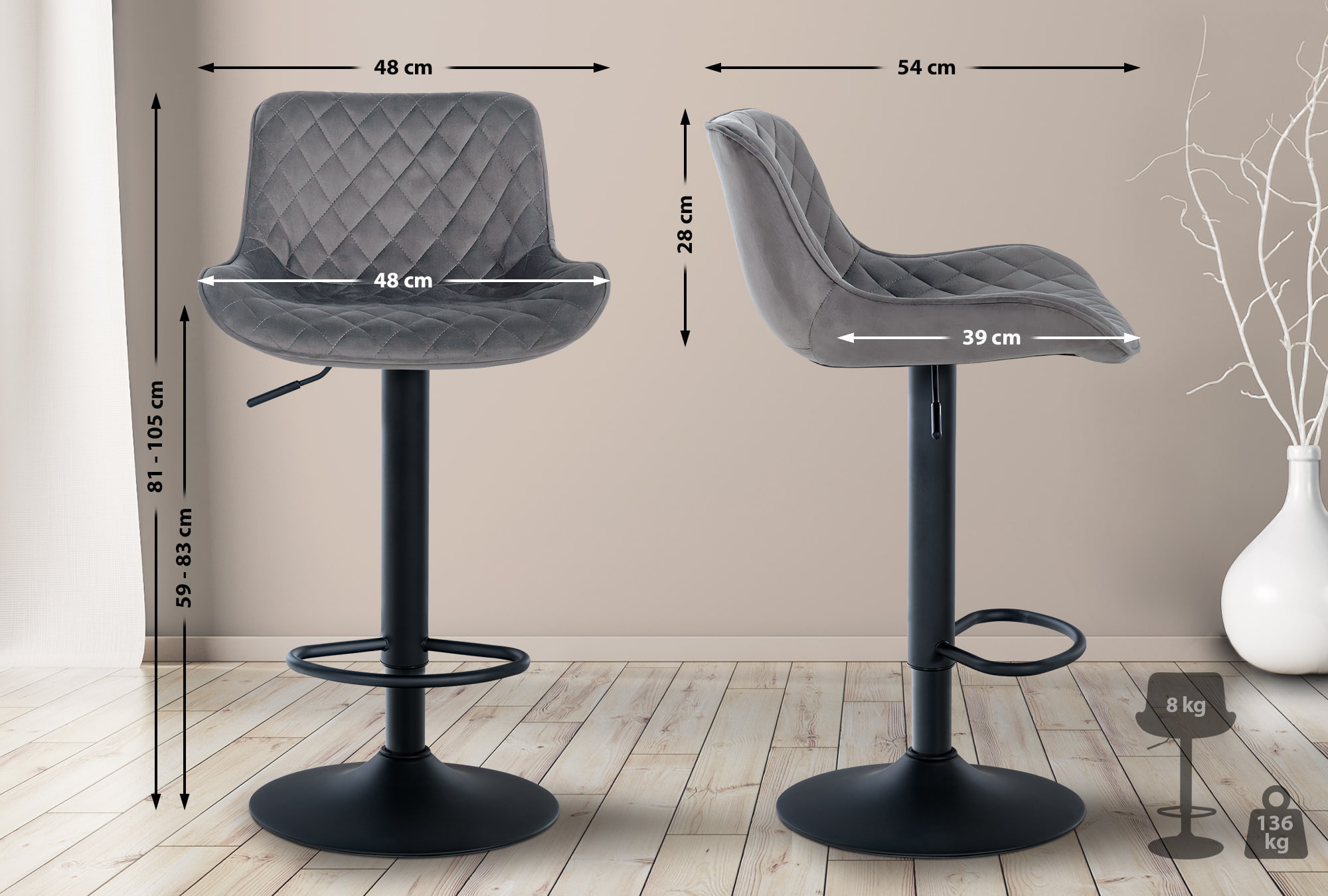 2er Set Barhocker Minosa Samt, dunkelgrau