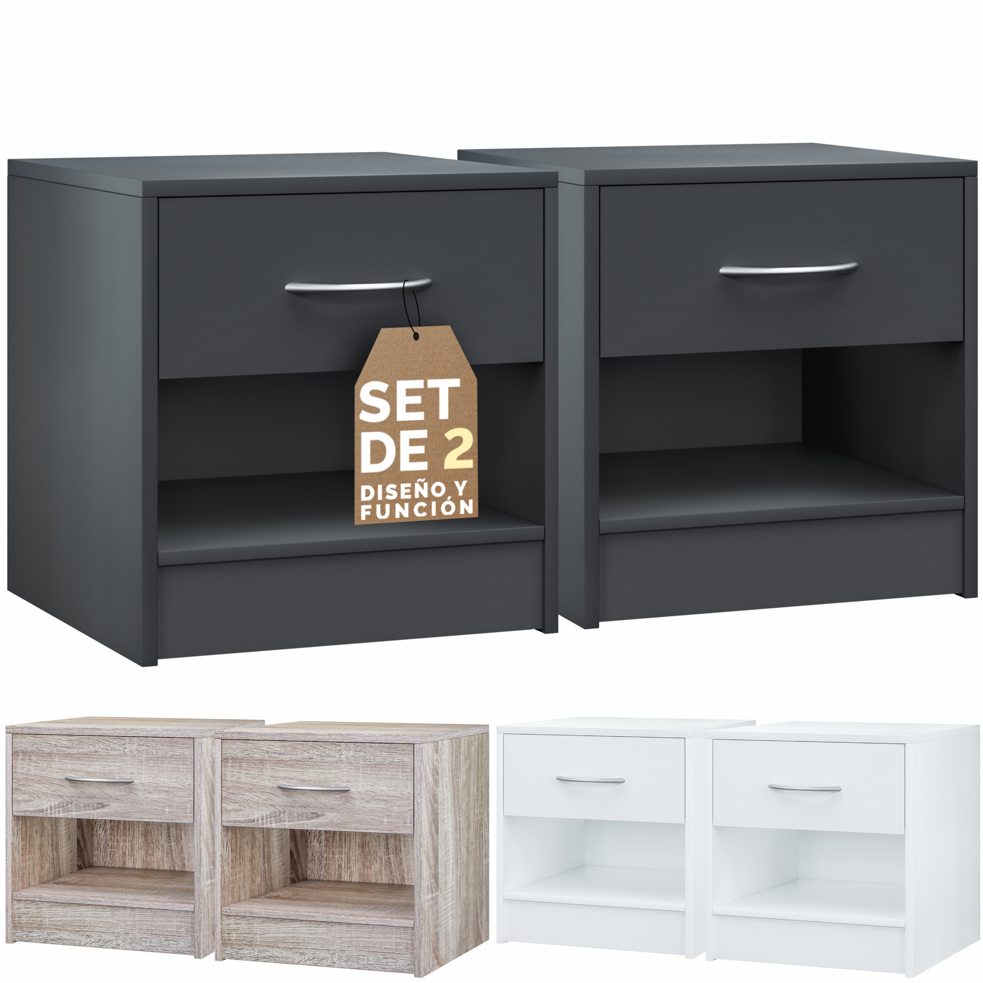 Nachttisch Kiel 2er-Set Anthrazit 41x39x28cm