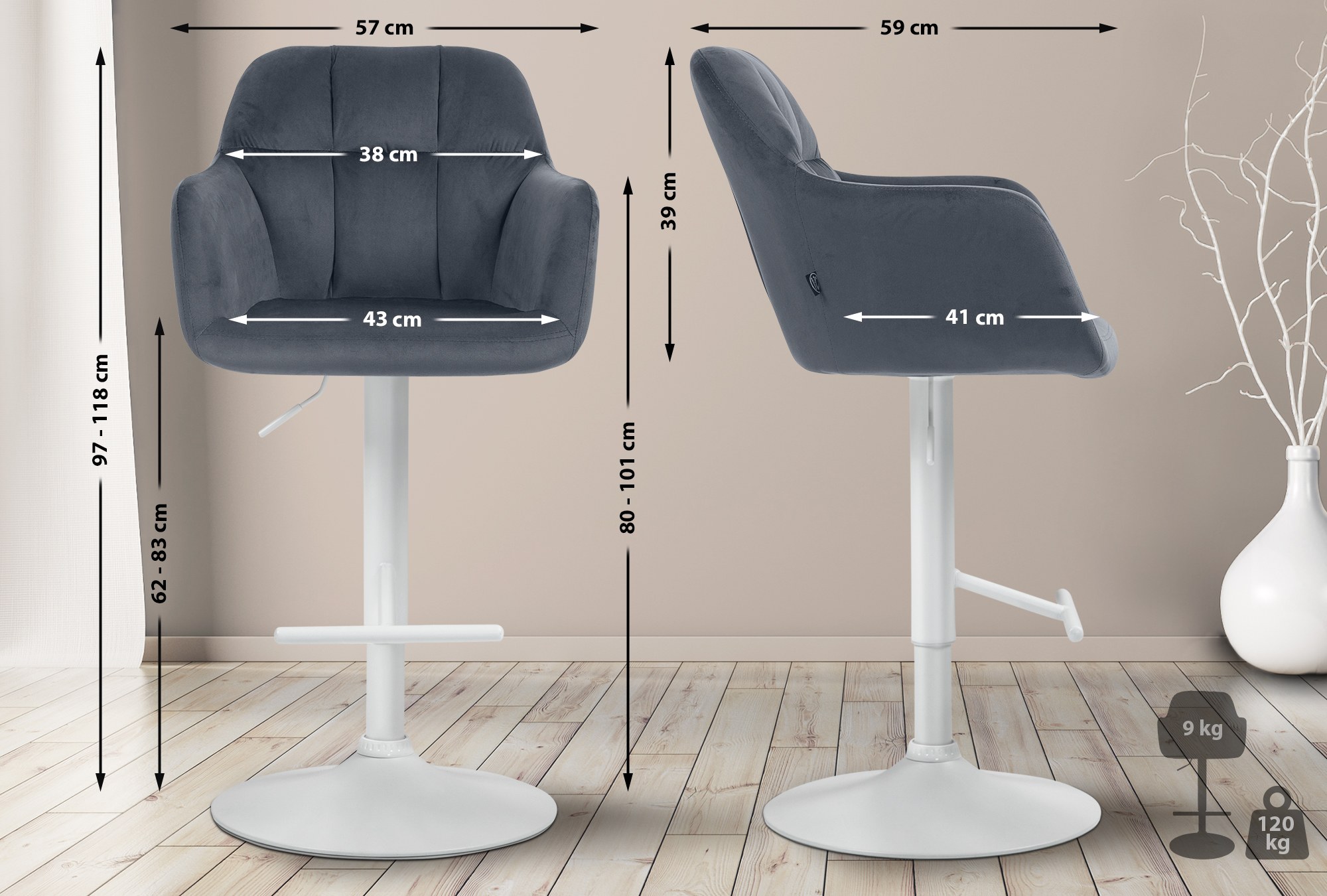 Barhocker Natoma Samt weiß, dunkelgrau