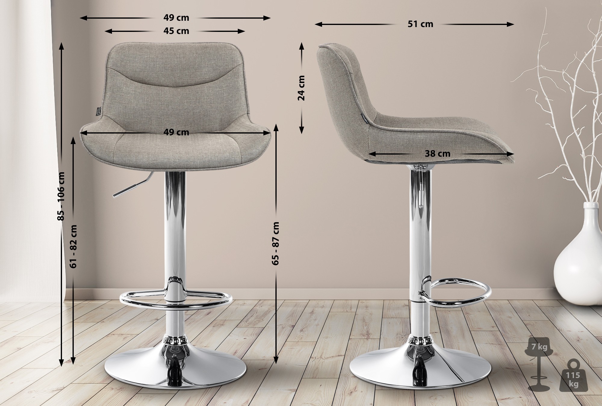 2er Set Barhocker Vonore Stoff chrom, taupe