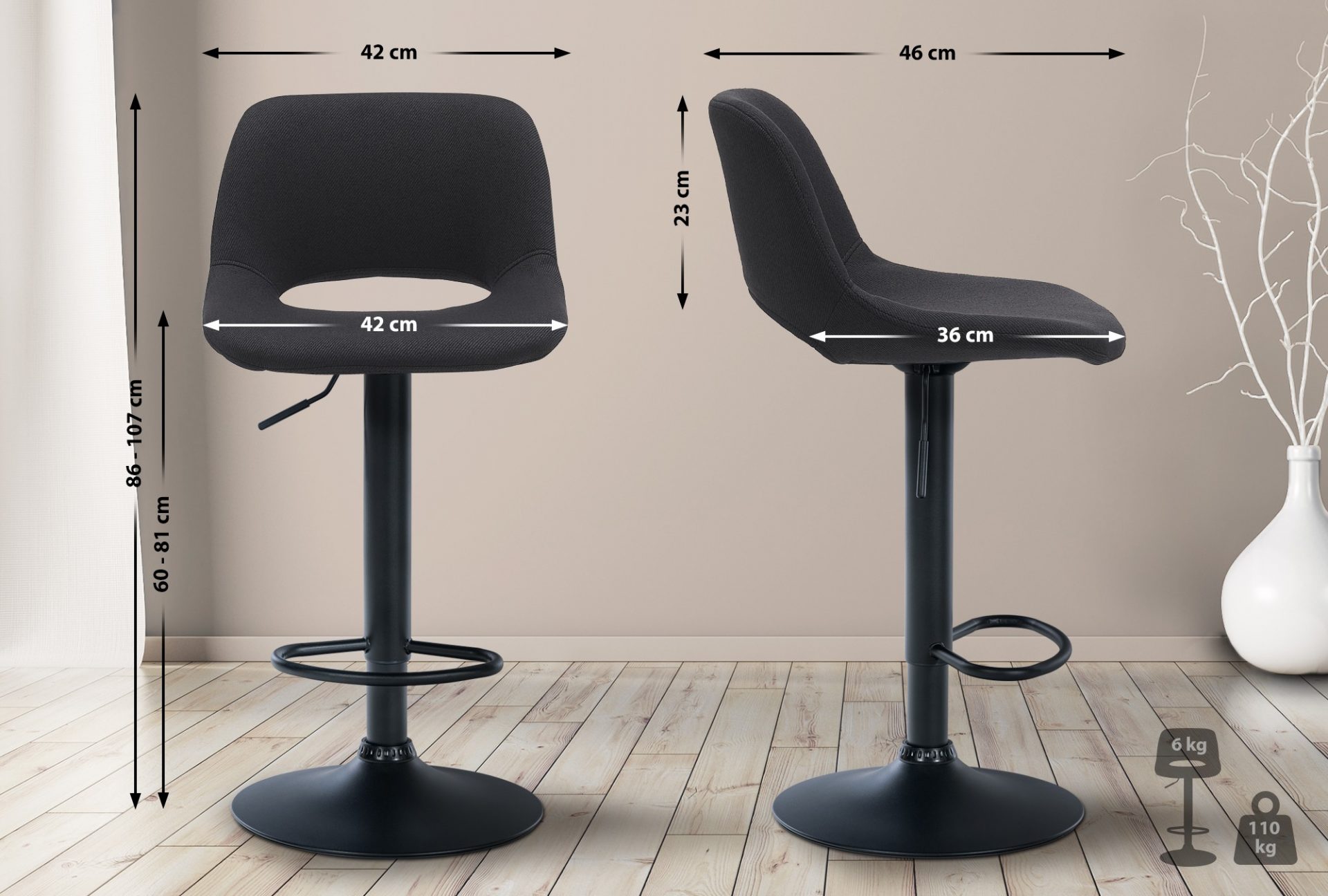 Barhocker Camden Stoff schwarz, schwarz