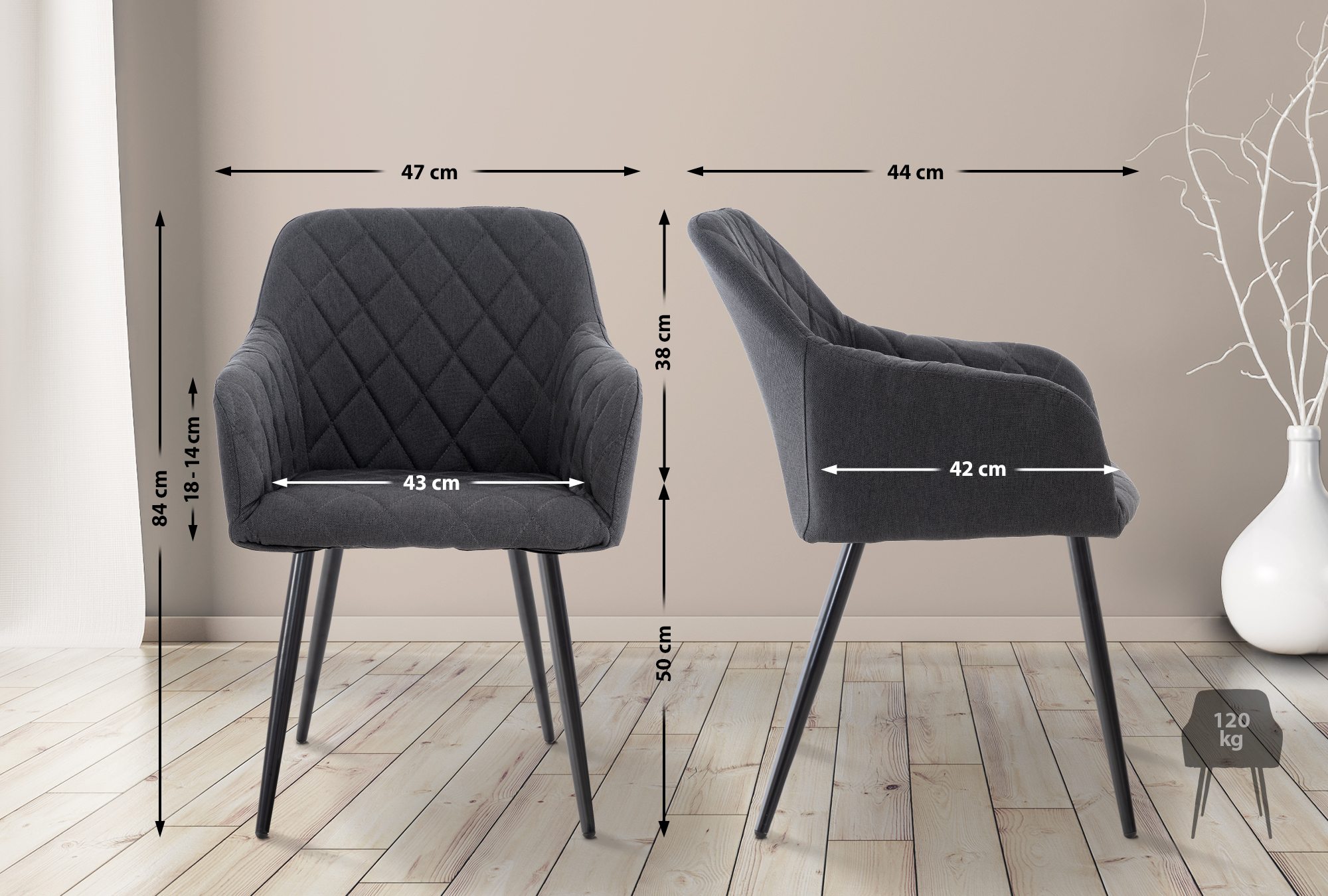 2er Set Esszimmerstuhl Shila Stoff, schwarz