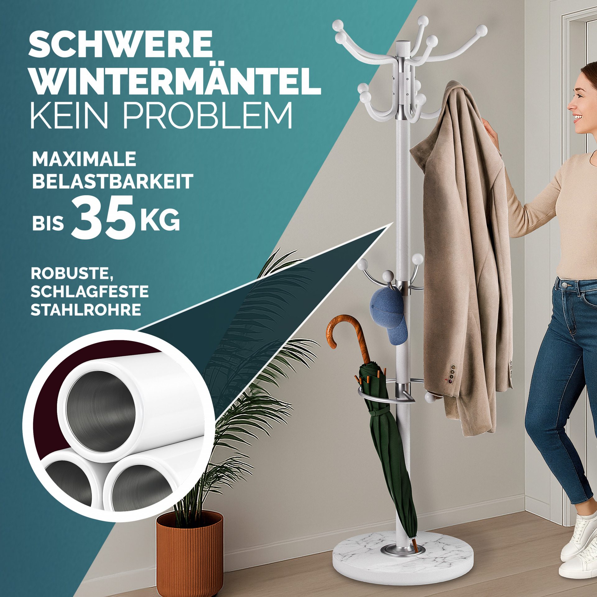 Kleiderständer Weiß mit Marmorfuß 173cm
