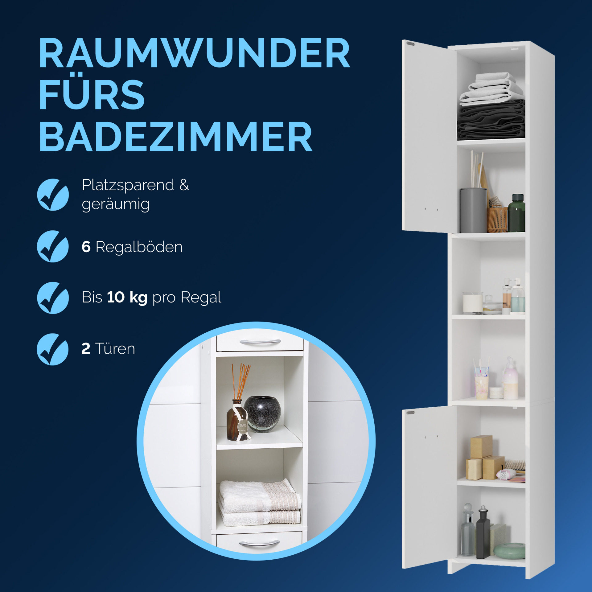 Badezimmerhochschrank Neapel Weiß 180x30x30cm