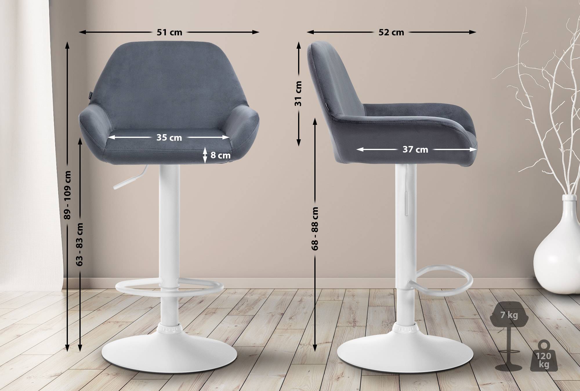 2er Set Barhocker Braga Samt weiß, dunkelgrau