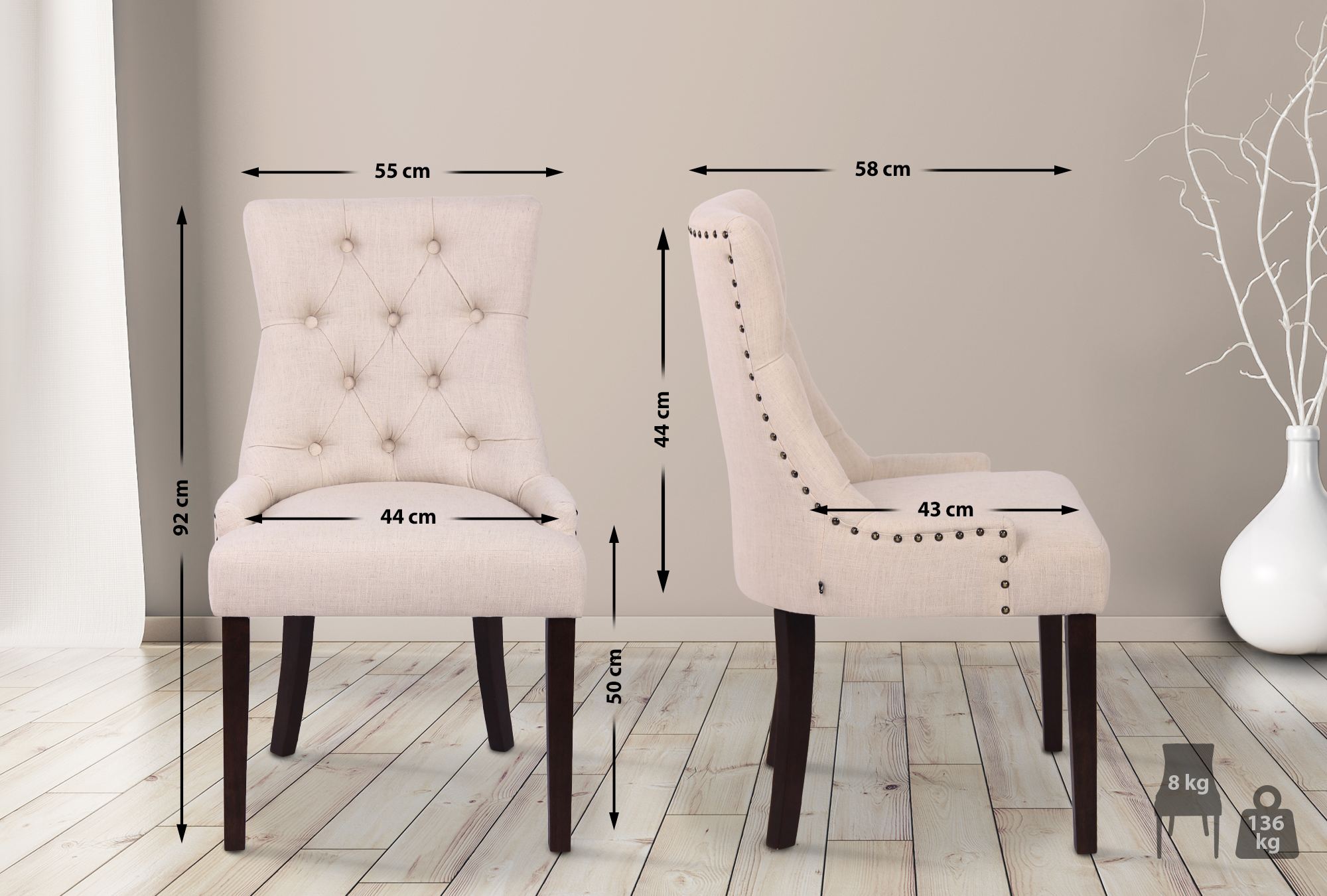 2er Set Esszimmerstuhl Aberdeen Stoff antik, creme