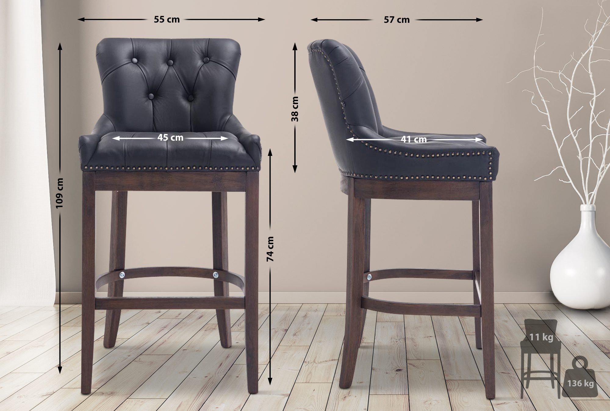 Barhocker Lakewood Echtleder, Antik, schwarz