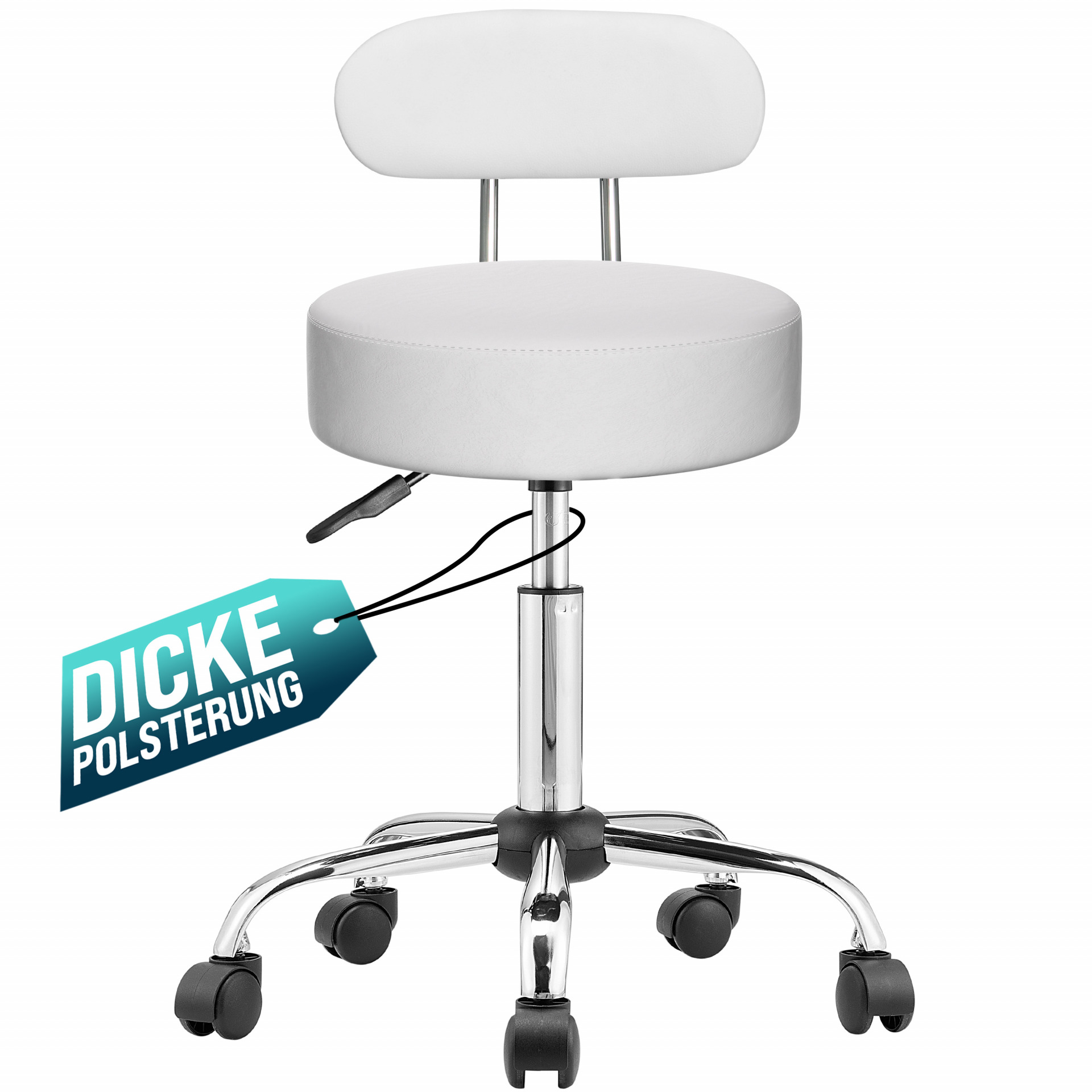 Rollhocker Weiß 360° drehbar mit Rückenlehne