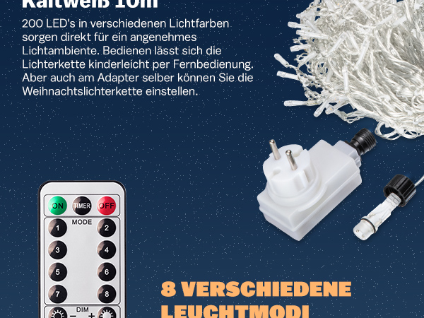 Regenlichterkette LED Kaltweiß 15m Fernbedienung