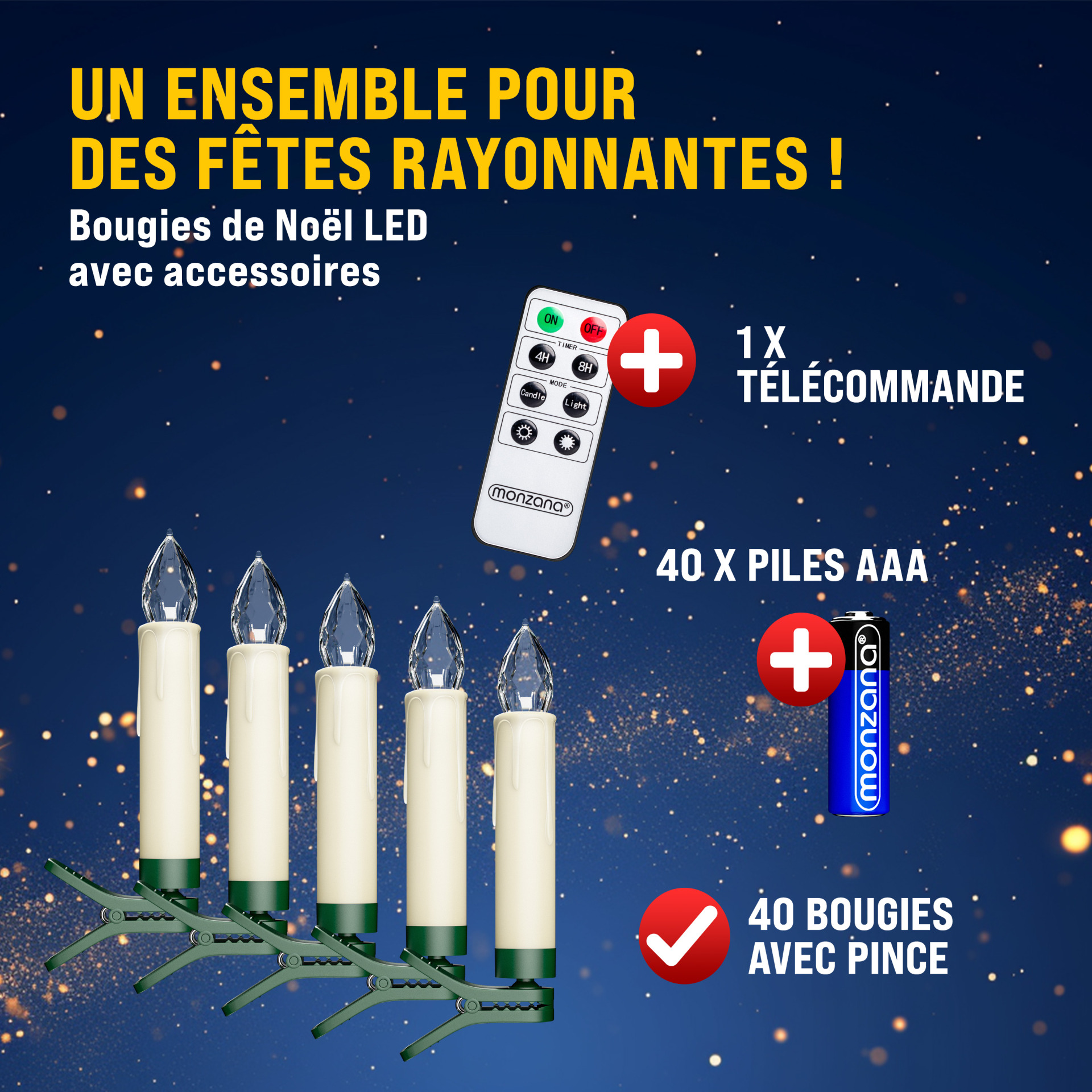 Kabellose Weihnachtsbaumkerzen LED 40er-Set Warmweiß mit Batterien + Fernbedienung