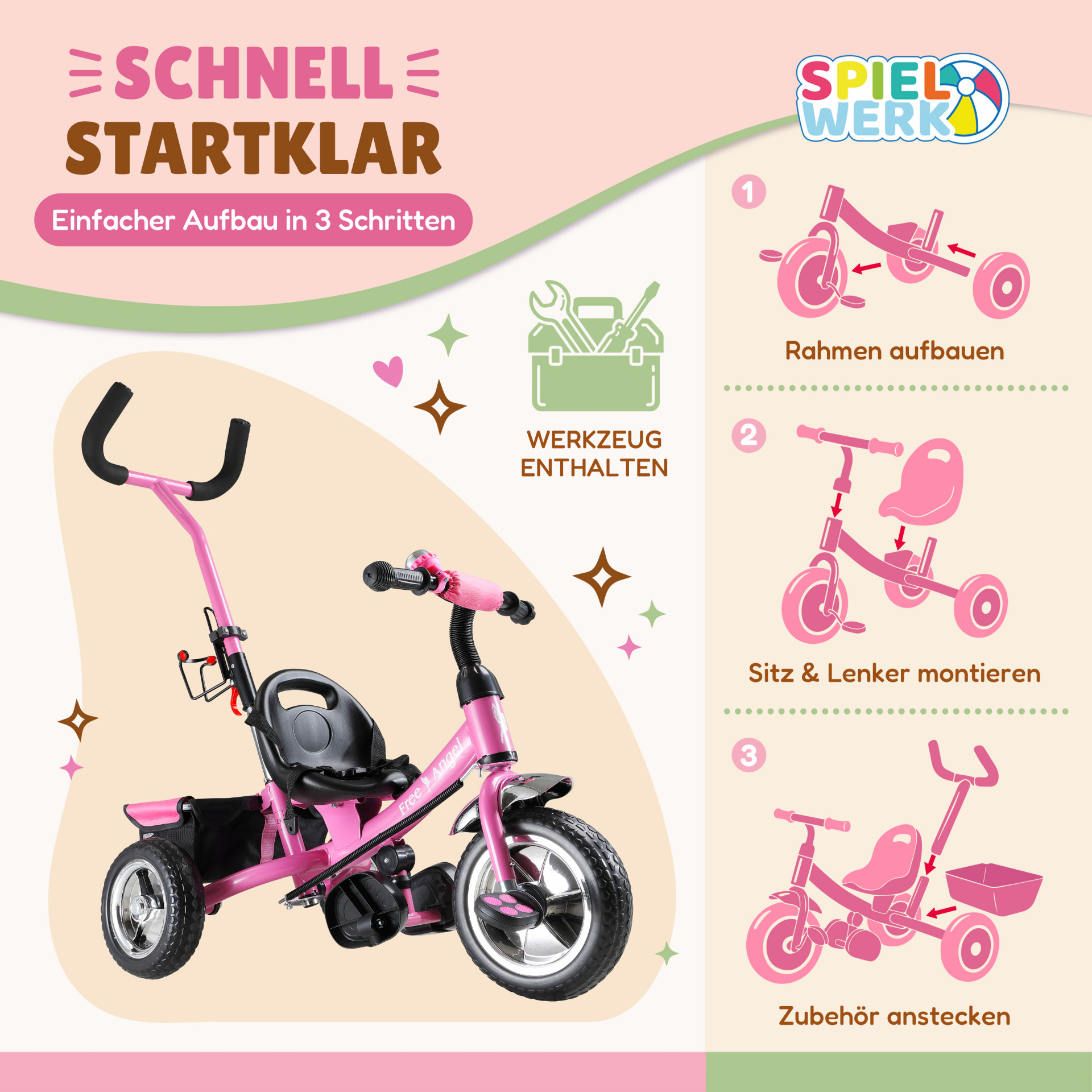Kinderdreirad Free Angel Pink Metall Schiebestange