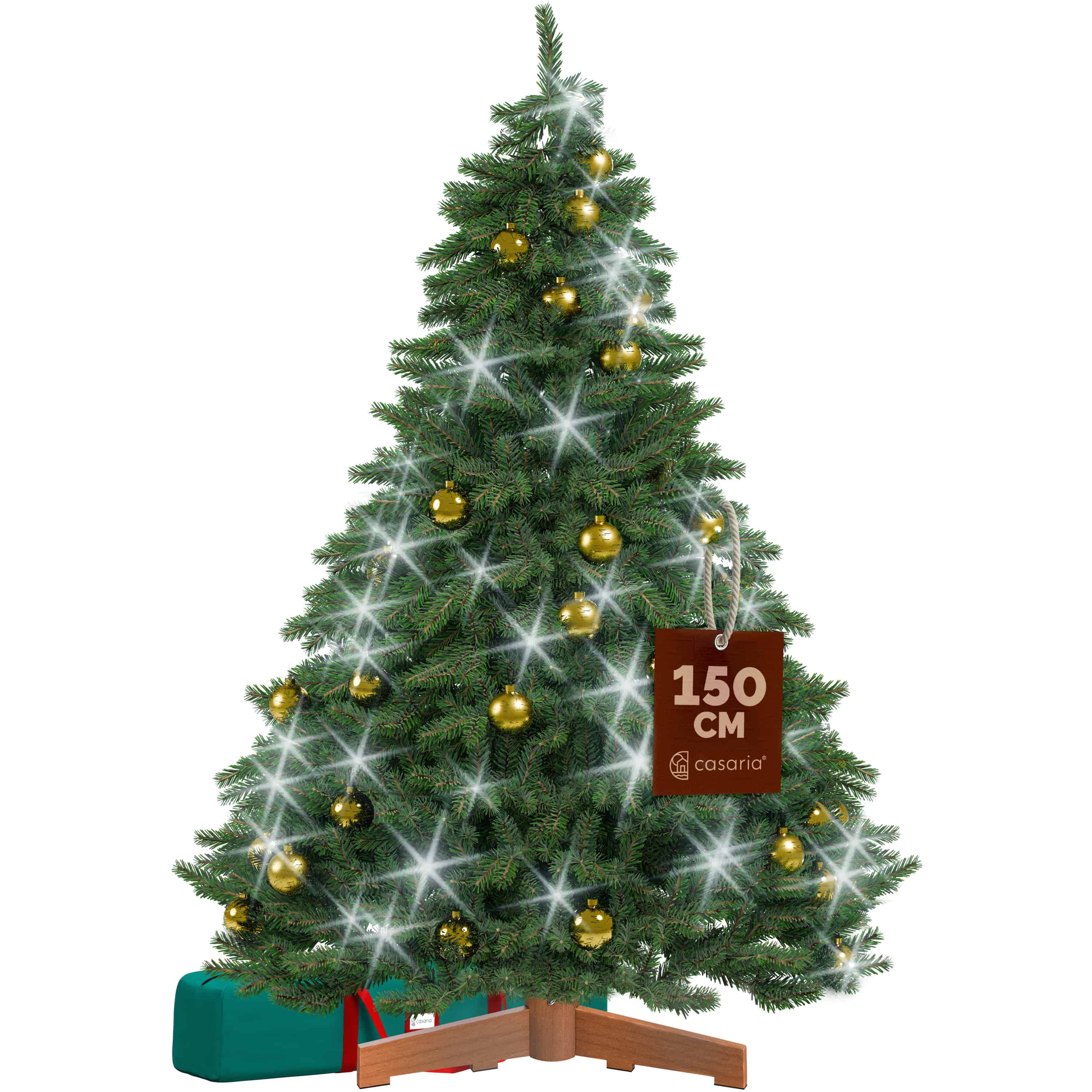 Künstlicher Weihnachtsbaum Premium 150cm + Kugeln Gold + Lichterkette kaltweiß