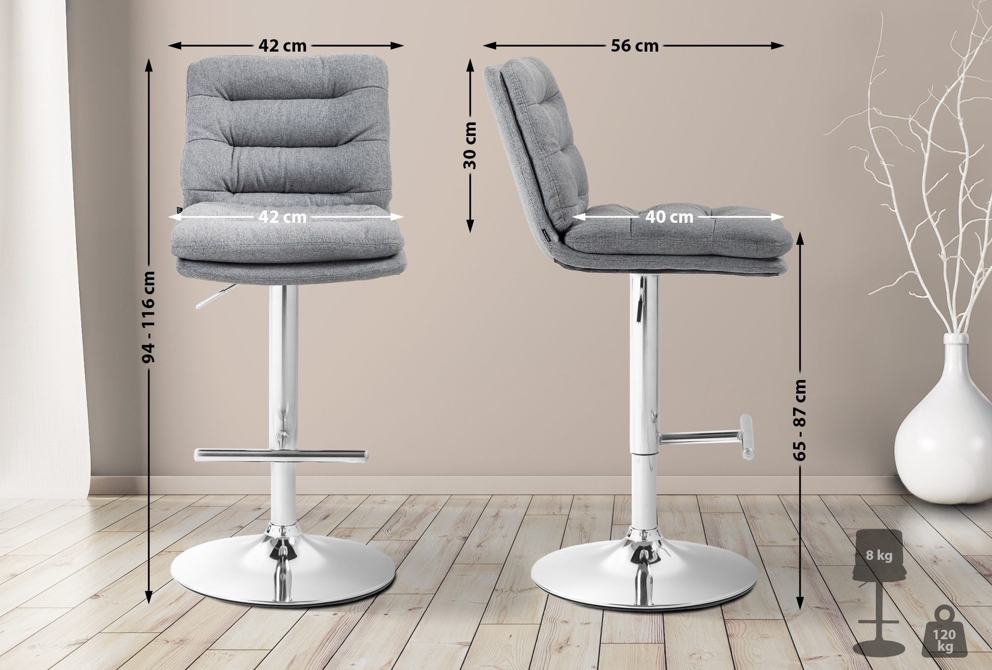 Barhocker Damar Stoff chrom, grau