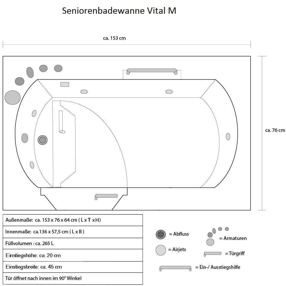 Seniorenbadewanne liegend mit Whirlpoolfunktion VITAL M - 153 x 76 cm Links