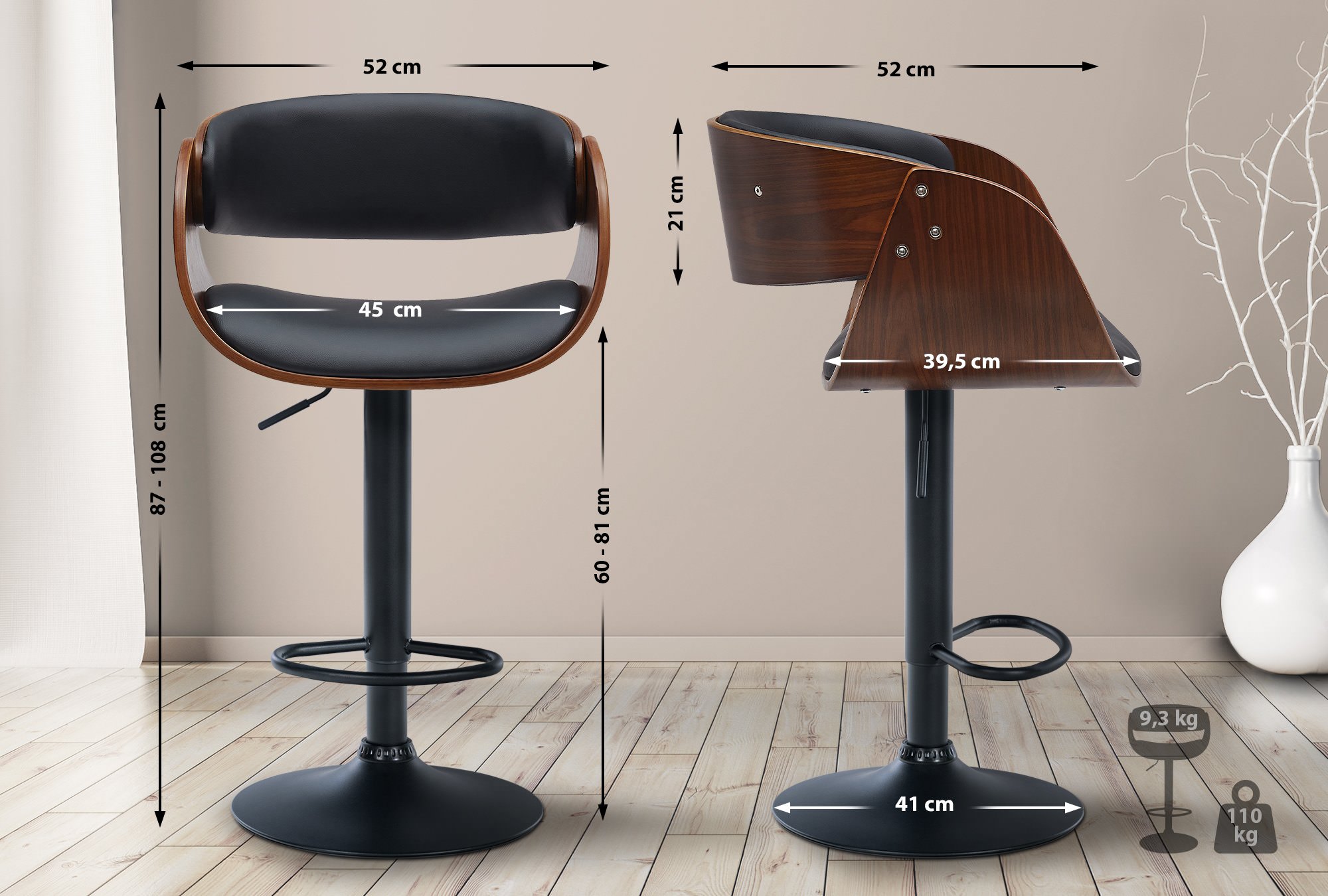 2er Set Barhocker Portmore Kunstleder B, walnuss/schwarz