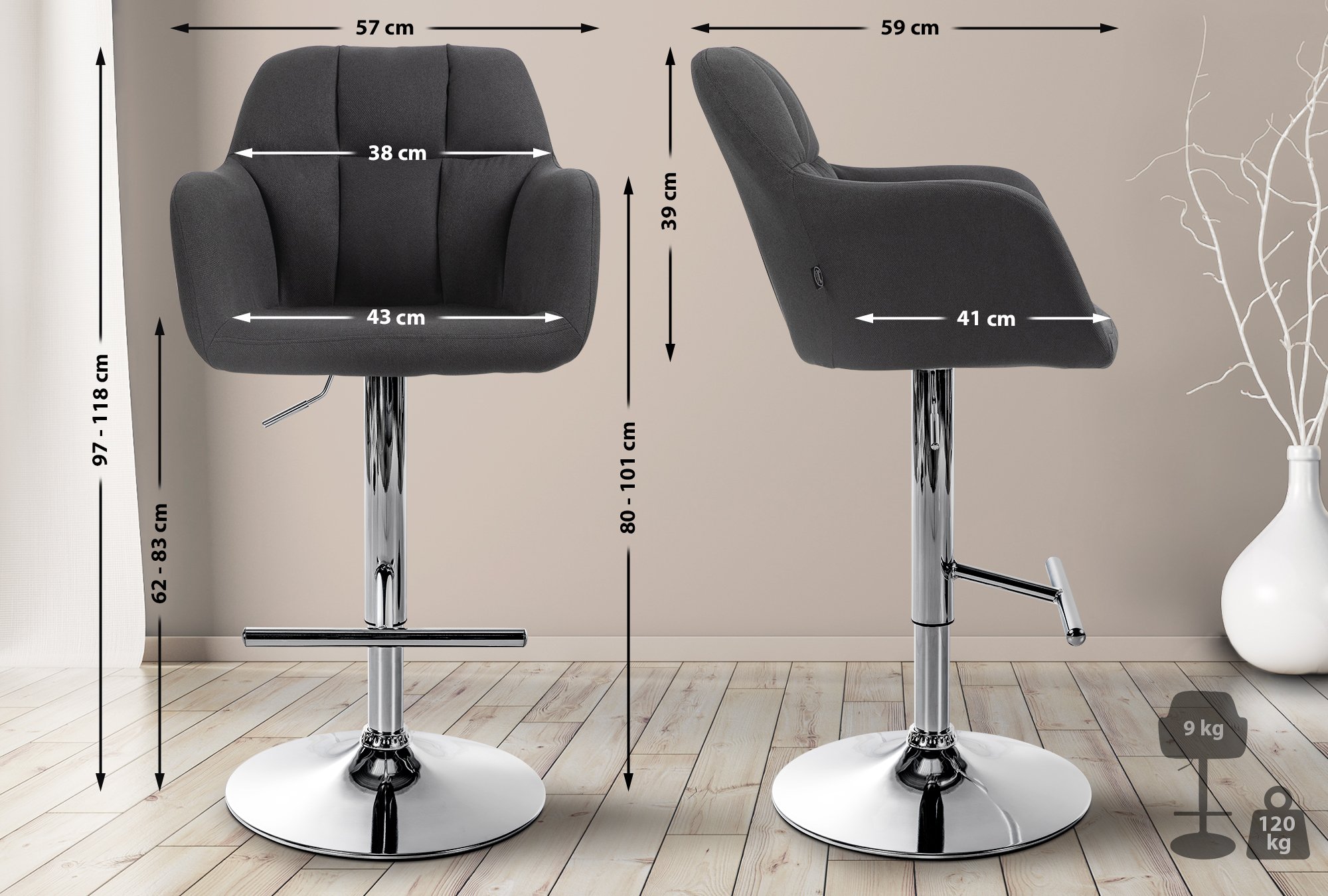 Barhocker Natoma Stoff chrom, schwarz