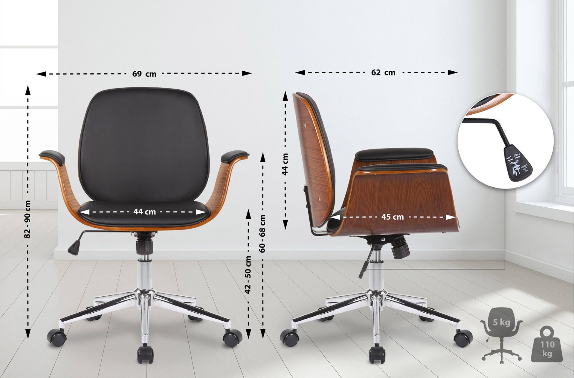 Bürostuhl Kemberg Kunstleder, walnuss/schwarz