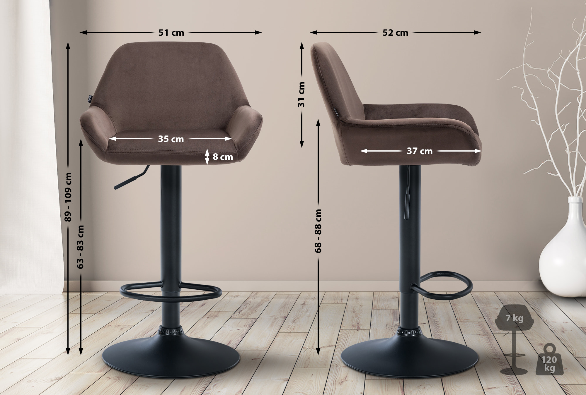 Barhocker Braga Samt schwarz, braun