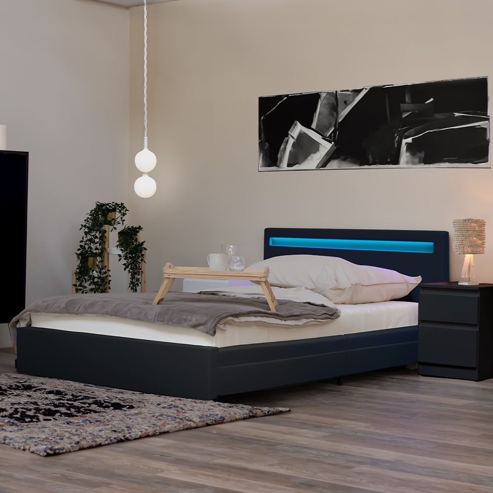 LED Bett mit Schubladen NUBE - 180 x 200 cm Dunkelgrau