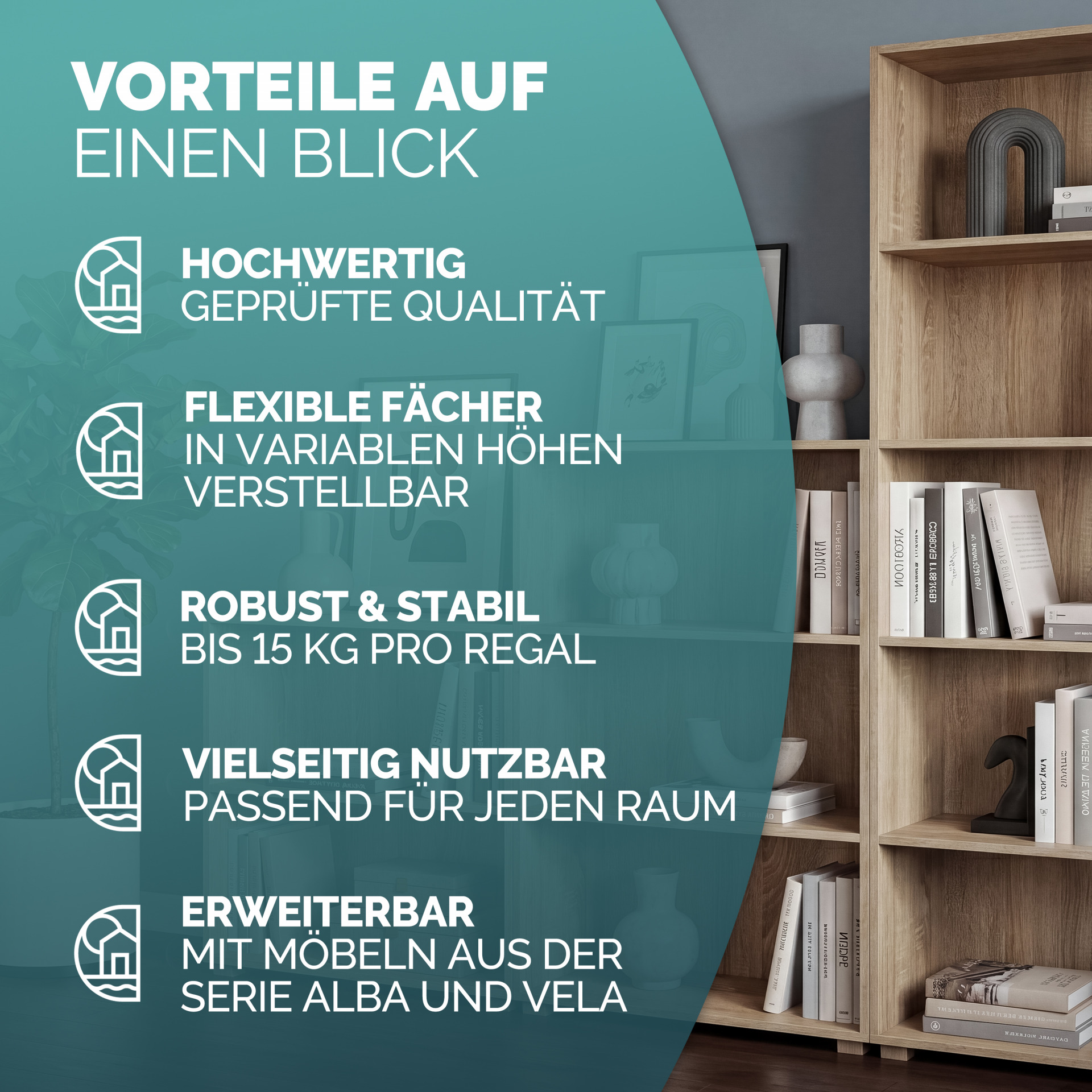 Bücherregal Vela Eiche 5 Fächer