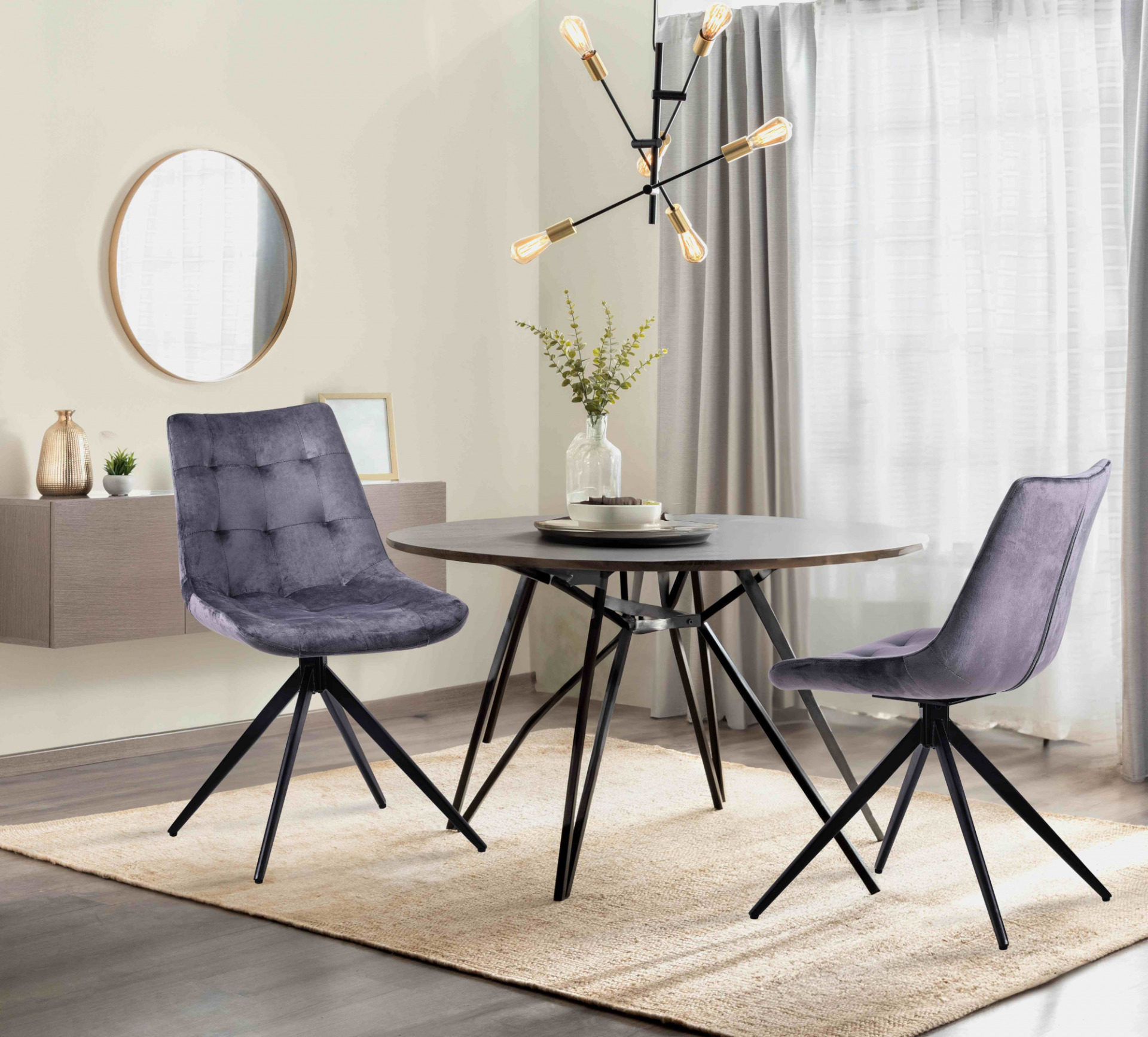 2er Set Esszimmerstuhl Merna Samt, dunkelgrau