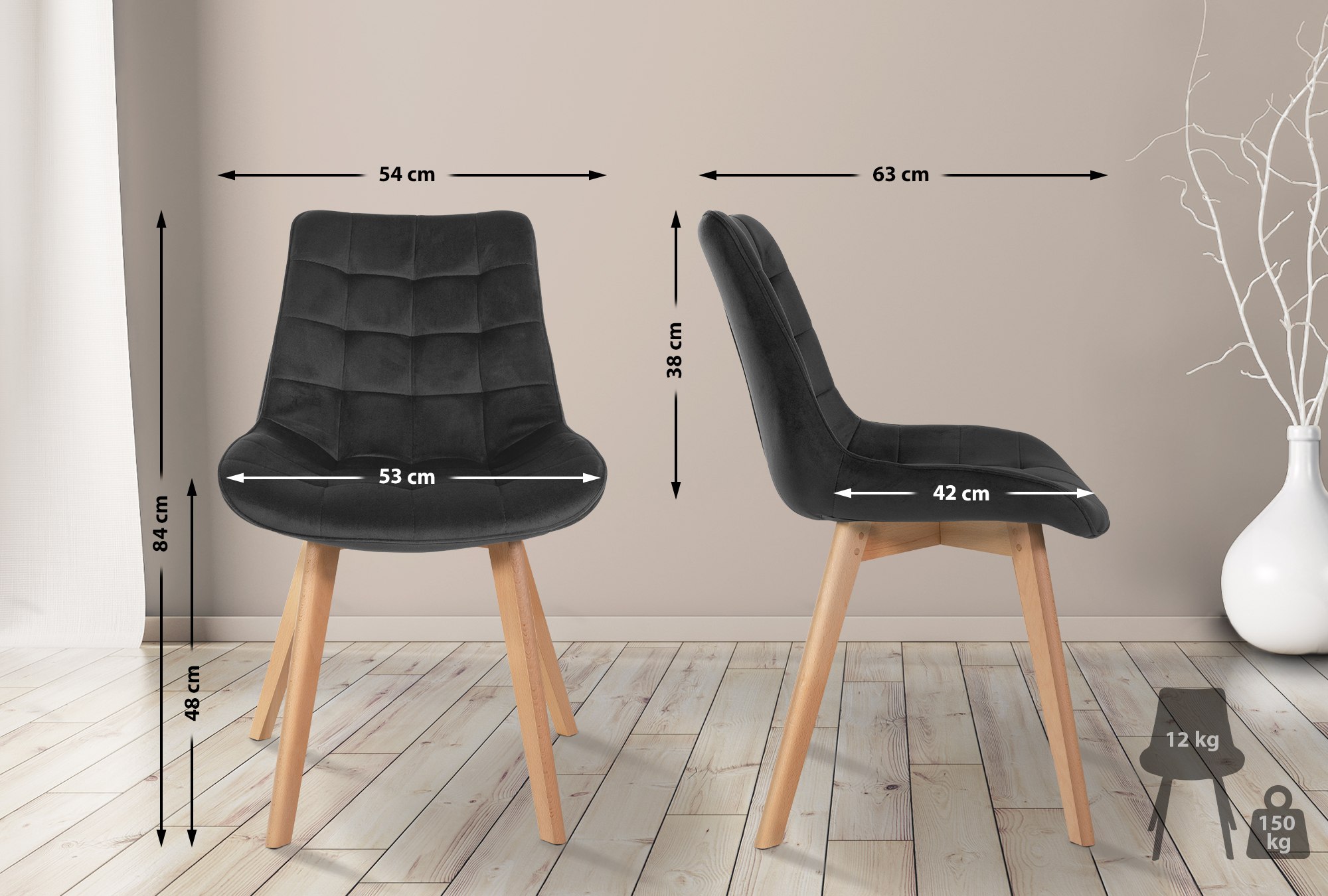 2er Set Stühle Brook Samt, schwarz