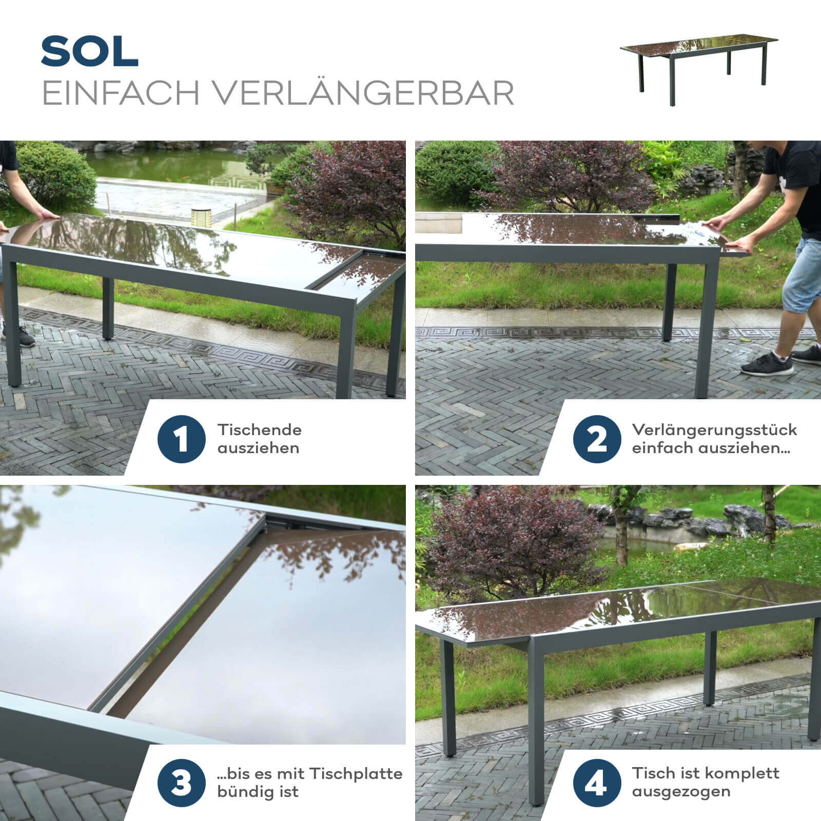 Garten-Sitzgruppe ausziehbar SOL MADERA - 180/240 x 90 cm 2 Stühle