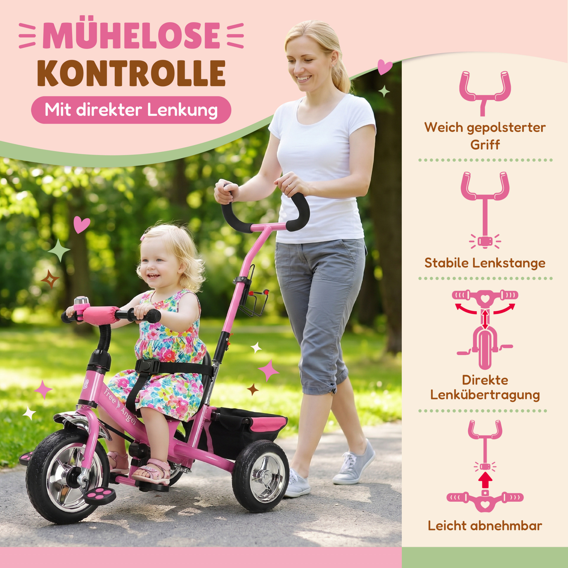 Kinderdreirad Free Angel Pink Metall Schiebestange
