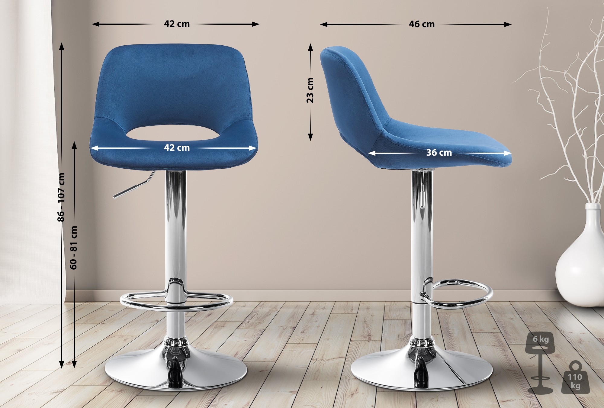 2er Set Barhocker Camden Samt chrom, blau