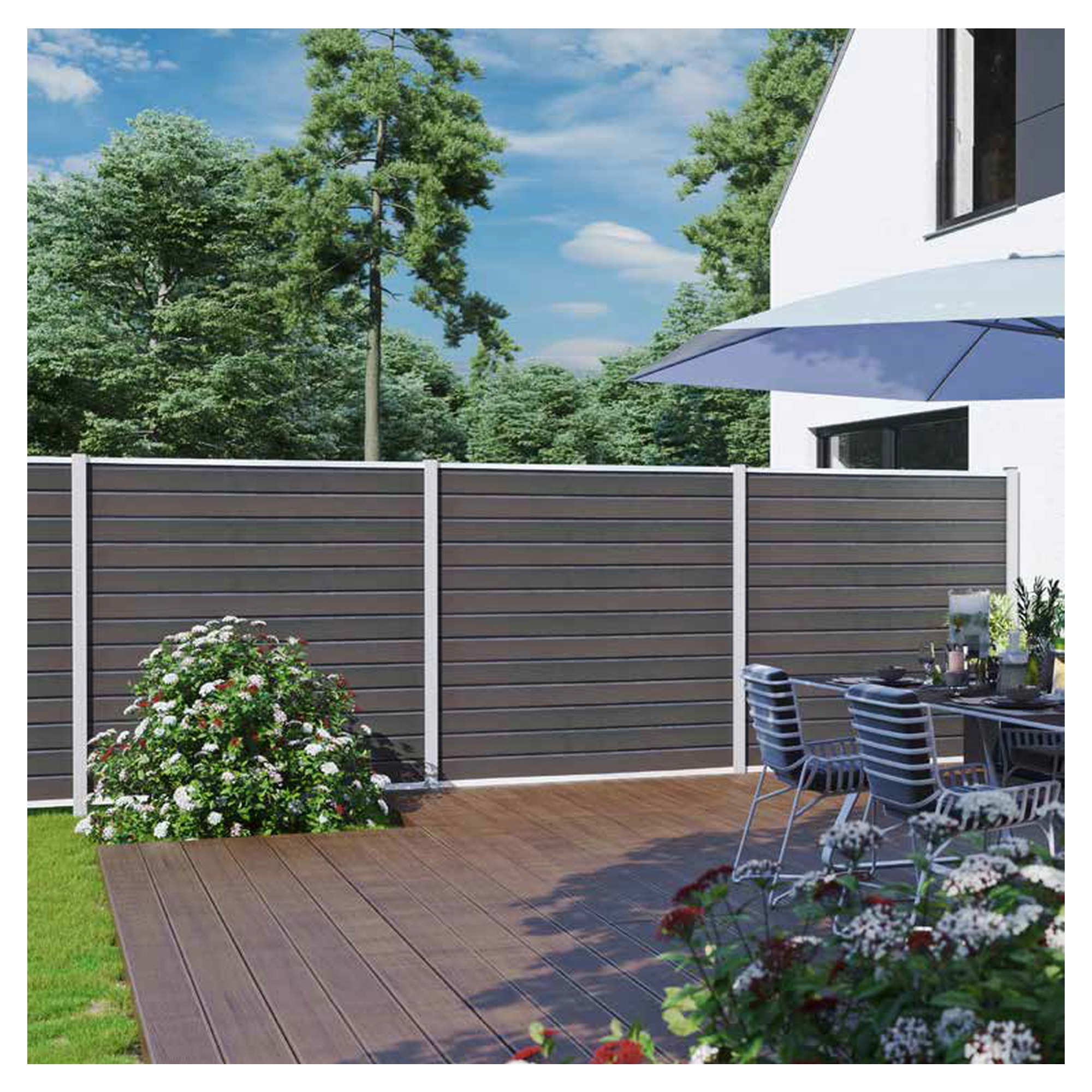 WOLLBACH-Serie, WPC-Steckzaun-Set, ca. 175 x 180 cm, GRAU, inkl. Start & Abschluss silber