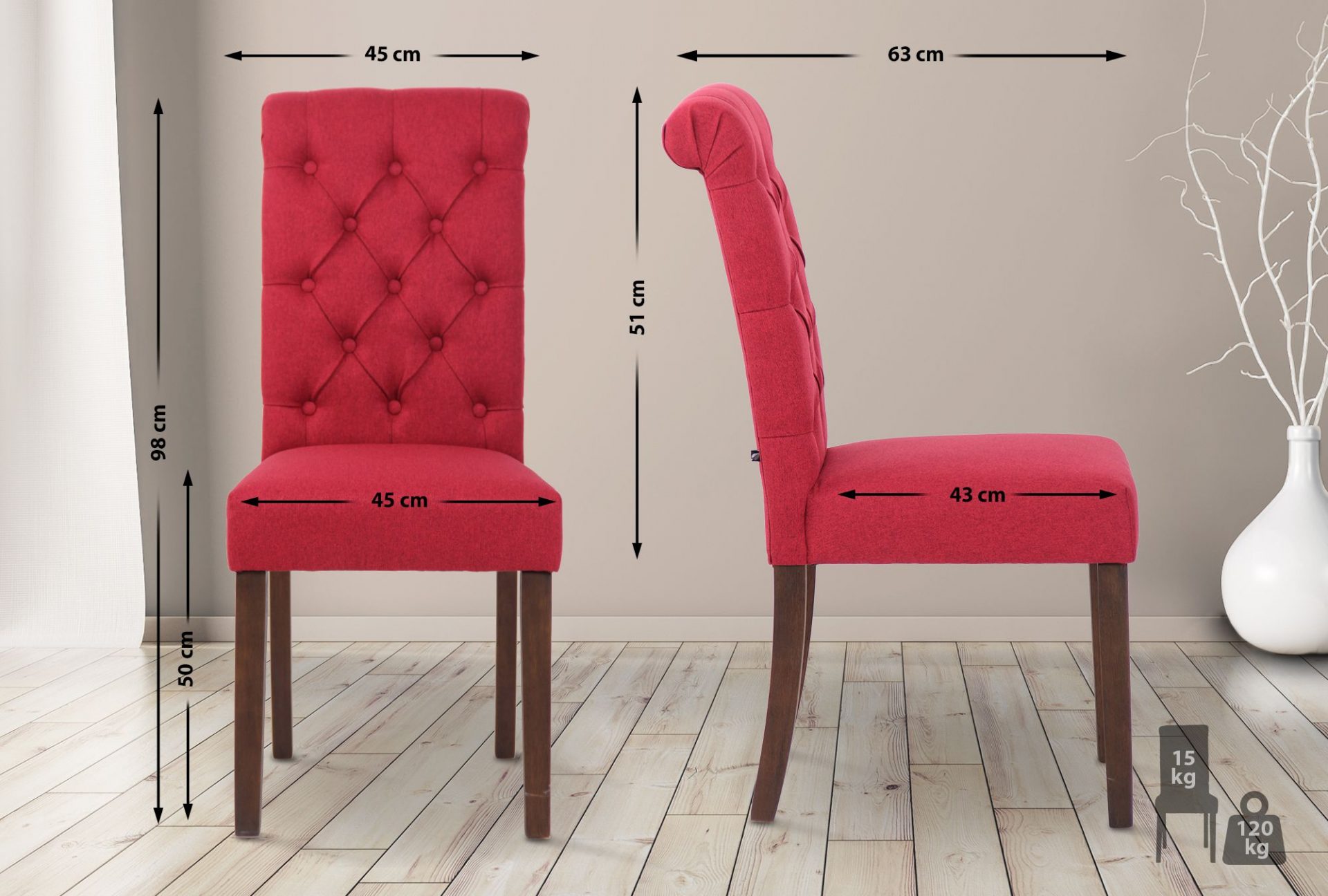 2er Set Esszimmerstühle Lisburn Stoff, rot