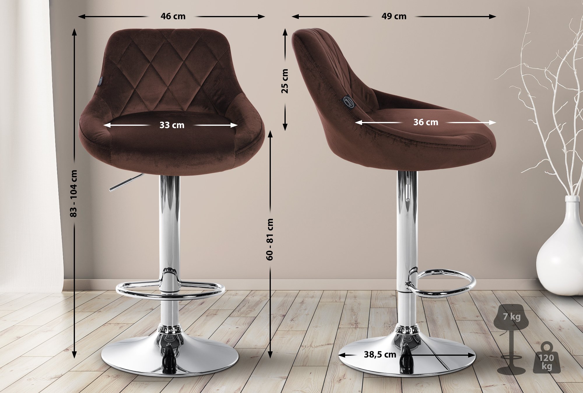 2er Set Barhocker Lazio Samt chrom, braun