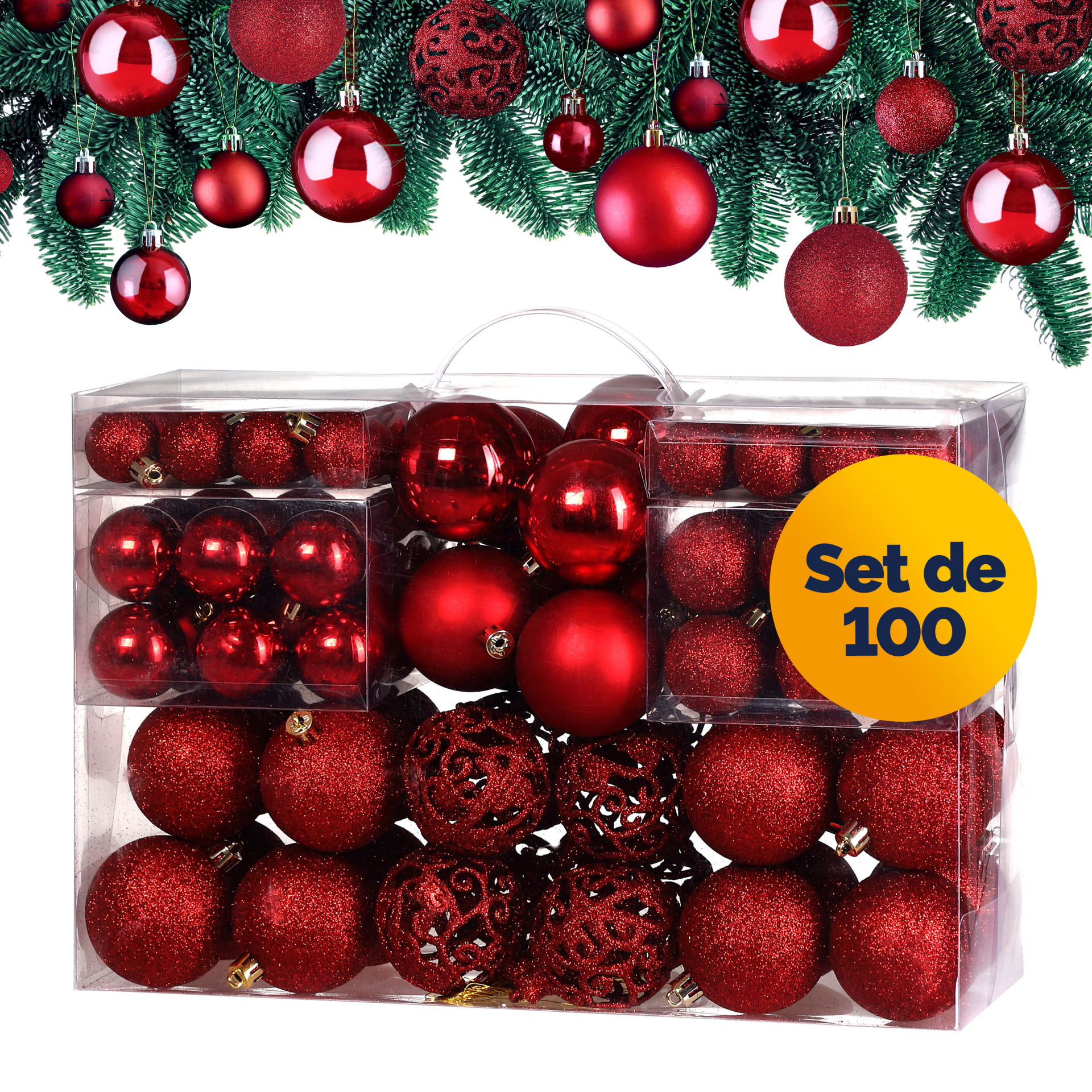 Weihnachtskugeln Rot 100-tlg in matt, glänzend + glitzernd