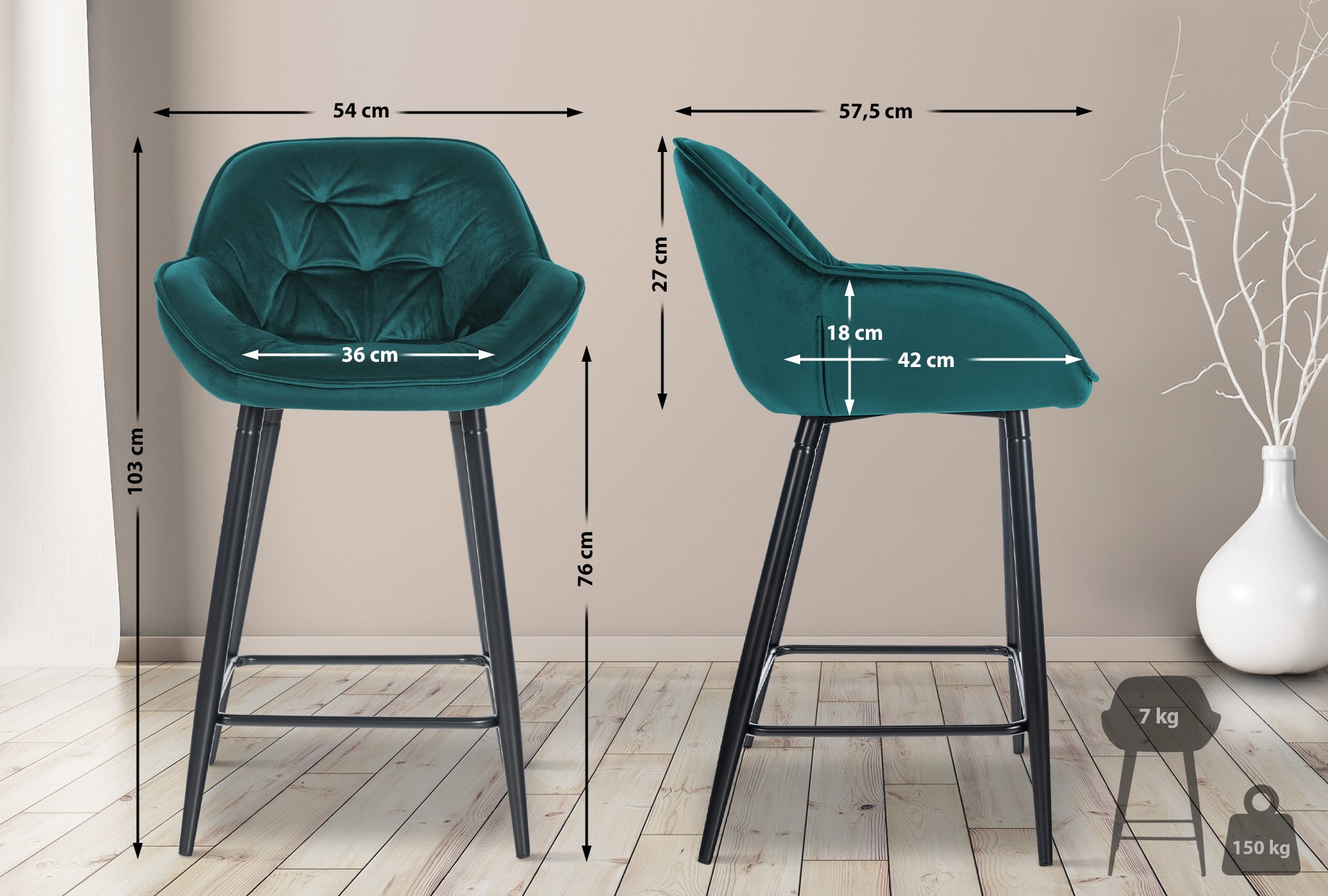 2er Set Barhocker Gibson 76 Samt, dunkelgrün