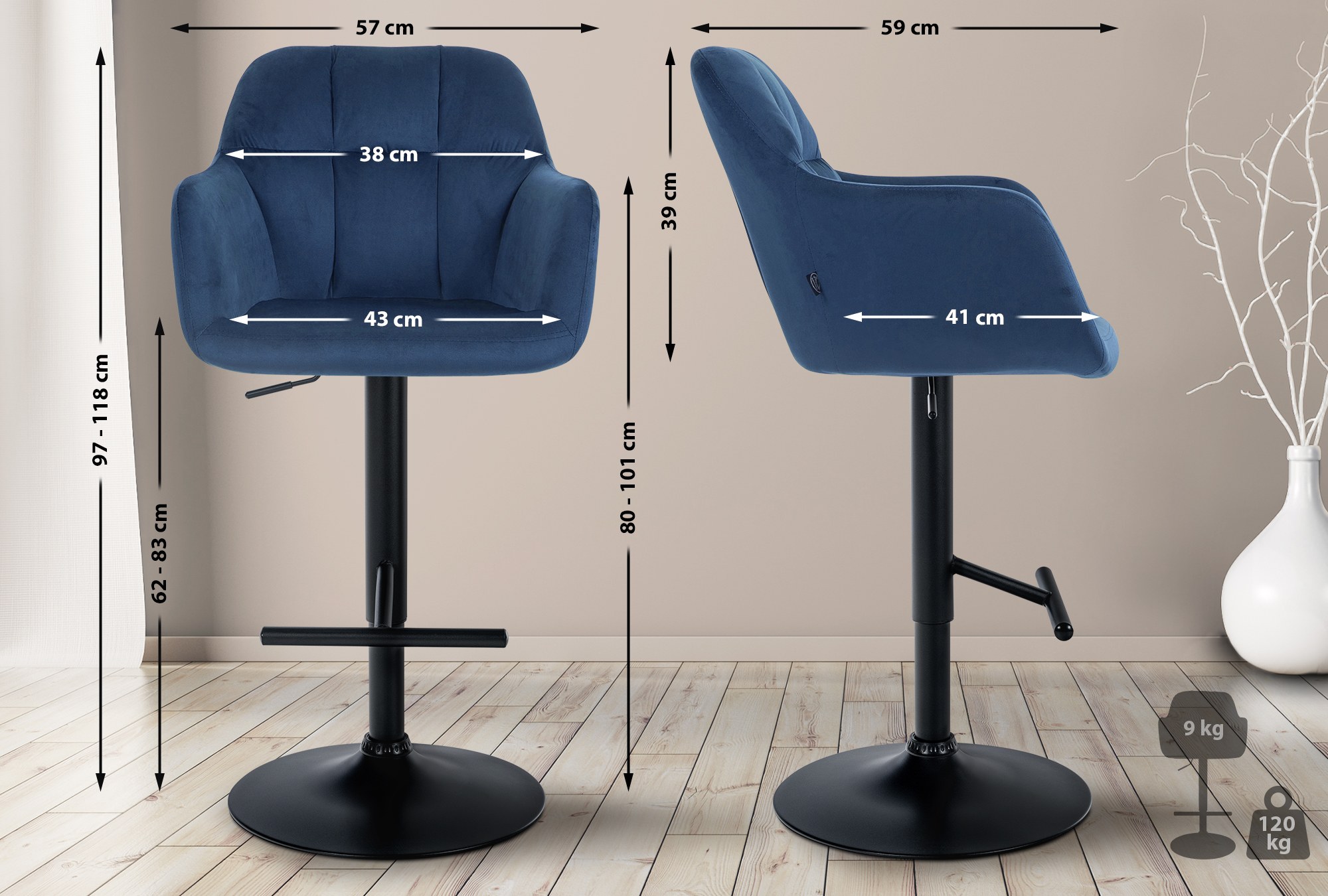 Barhocker Natoma Samt schwarz, blau